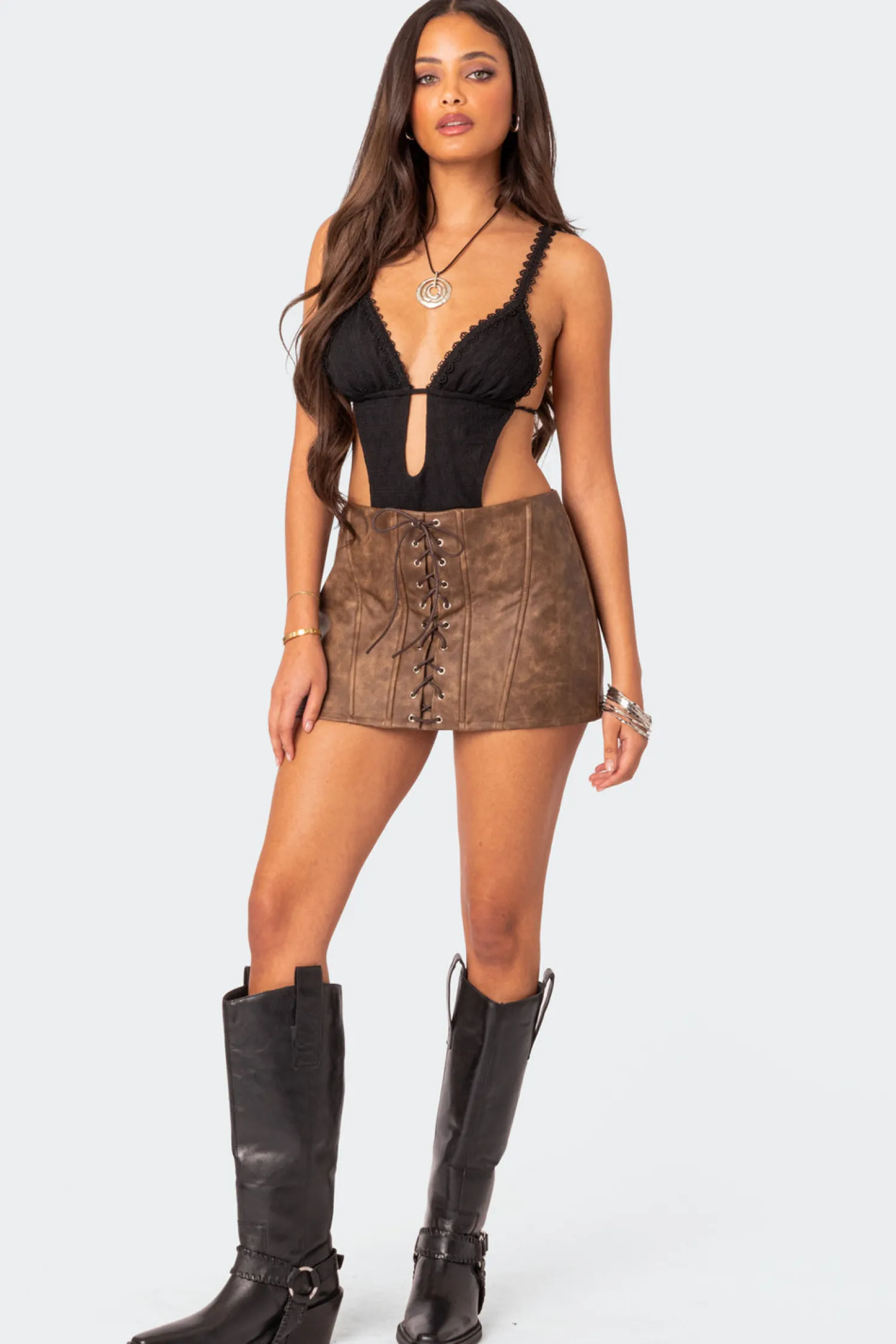 Skirts | Skirts*edikted Ainsley Lace Up Faux Leather Mini Skirt BROWN WASHED