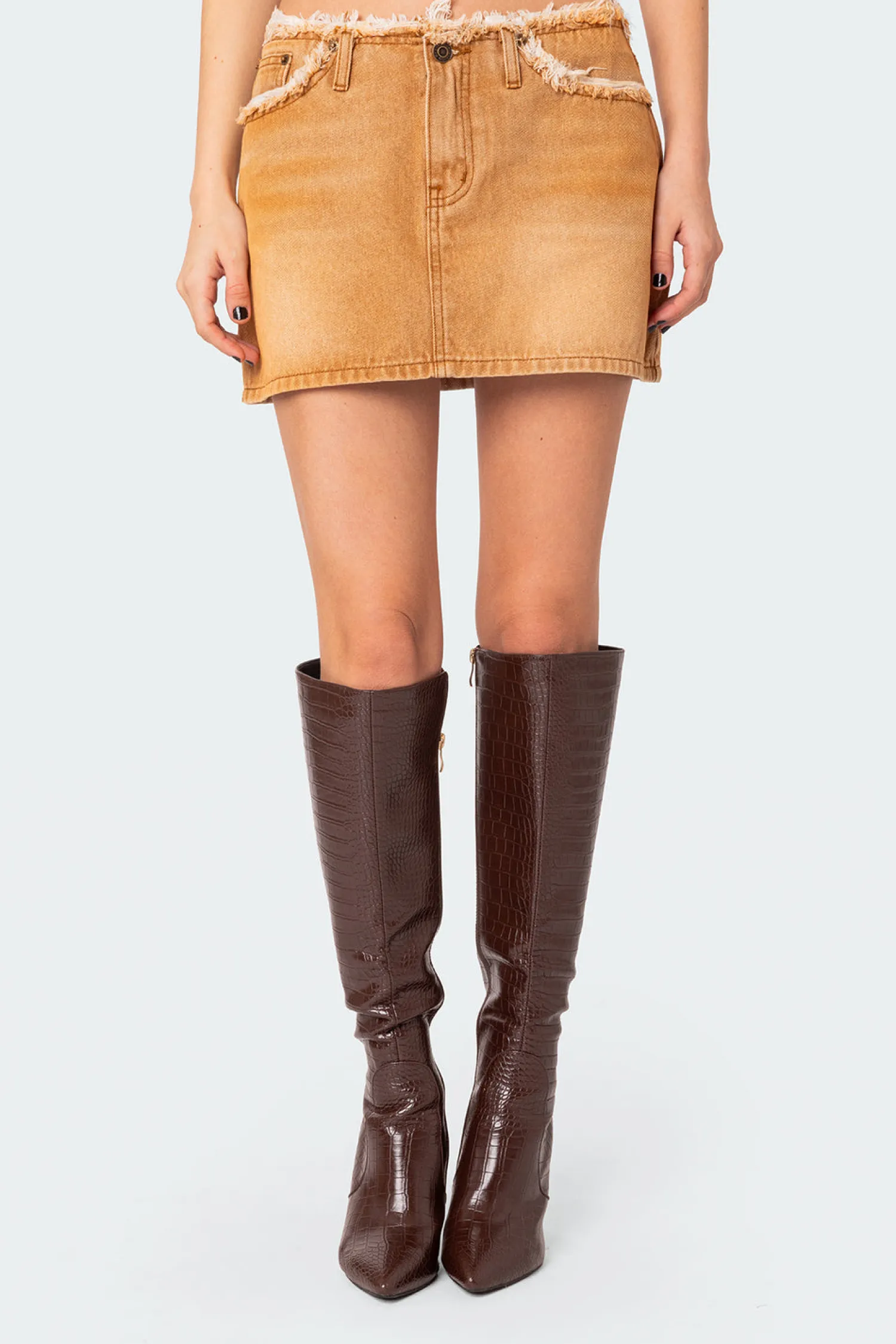 Skirts | Skirts*edikted Ariah Distressed Hem Washed Denim Mini Skirt CAMEL