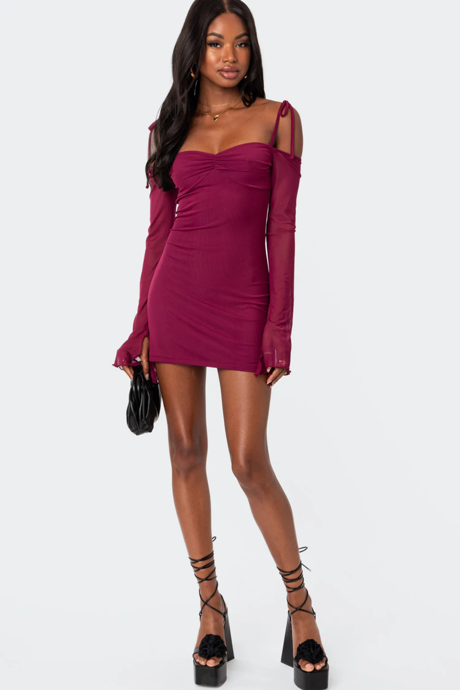 Mini Dresses | Long Sleeve Tops*edikted Ariel Off Shoulder Mesh Mini Dress BURGUNDY