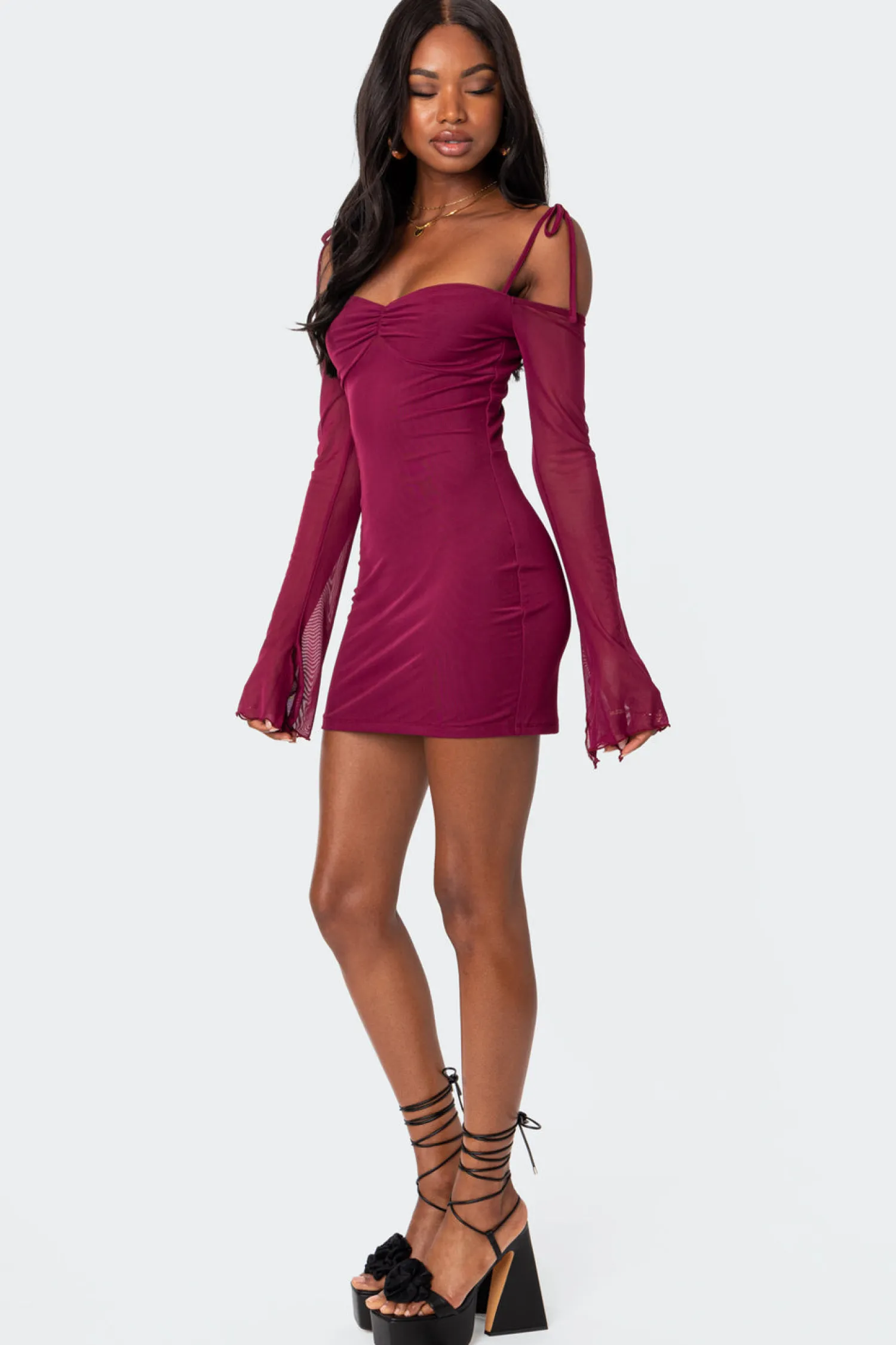 Mini Dresses | Long Sleeve Tops*edikted Ariel Off Shoulder Mesh Mini Dress BURGUNDY