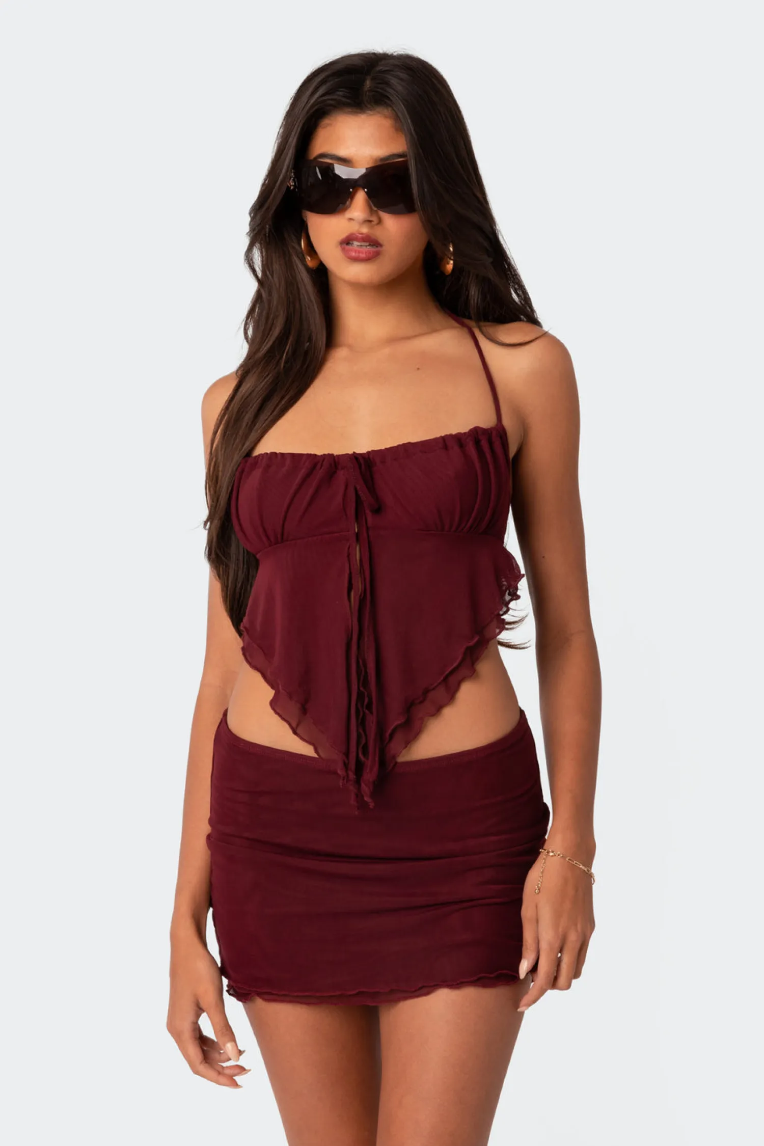 Crop Tops | Tops*edikted Ariyah Open Tie Back Ruffle Mesh Top BURGUNDY