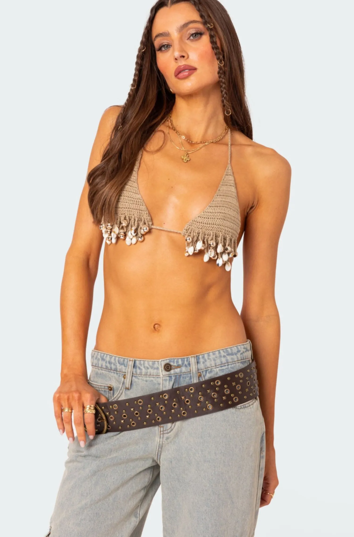 Crop Tops*edikted Aruba Beaded Crochet Bra Top BEIGE