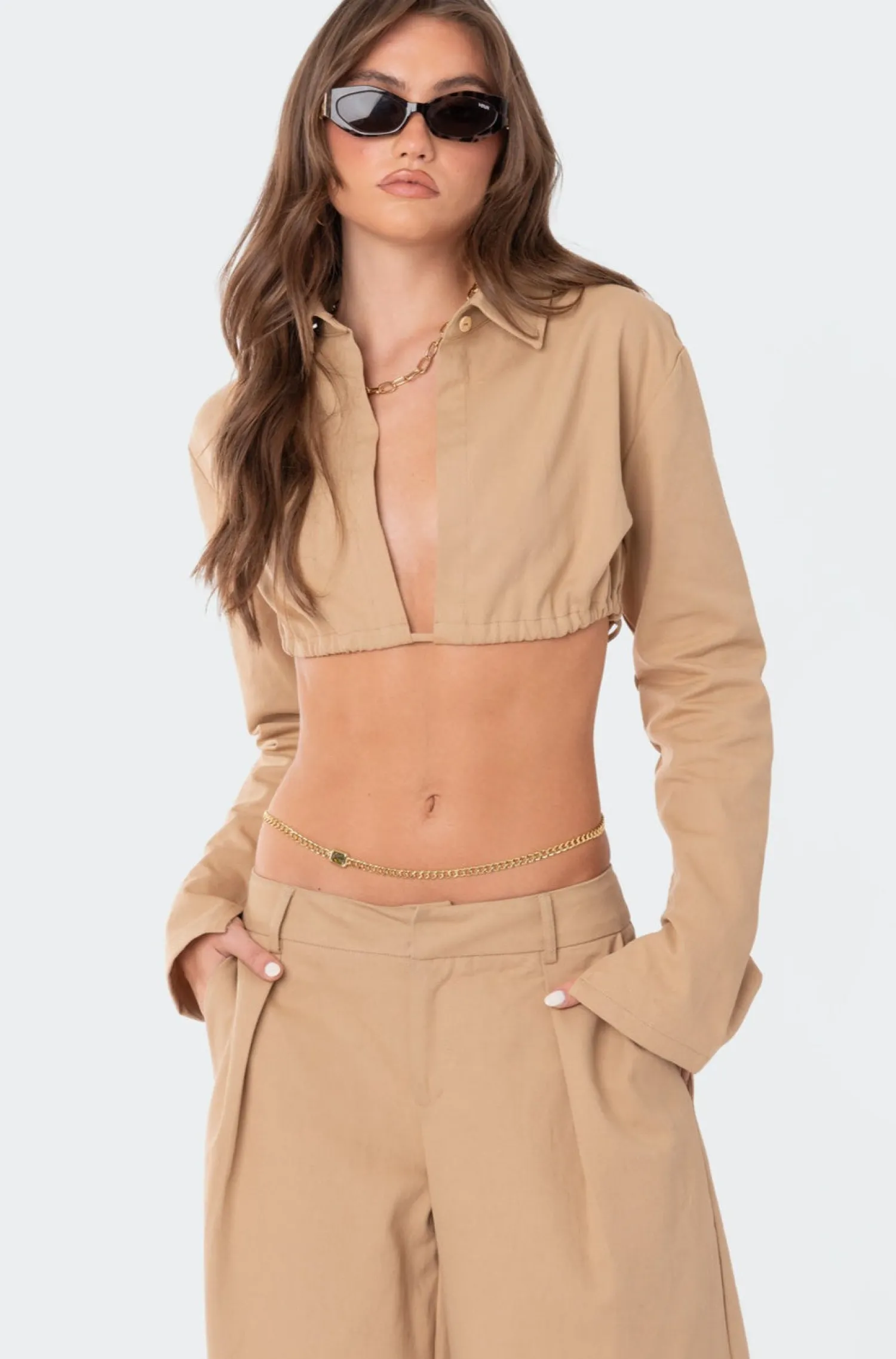 Crop Tops | Long Sleeve Tops*edikted Avianna Open Back Collared Shirt CAMEL