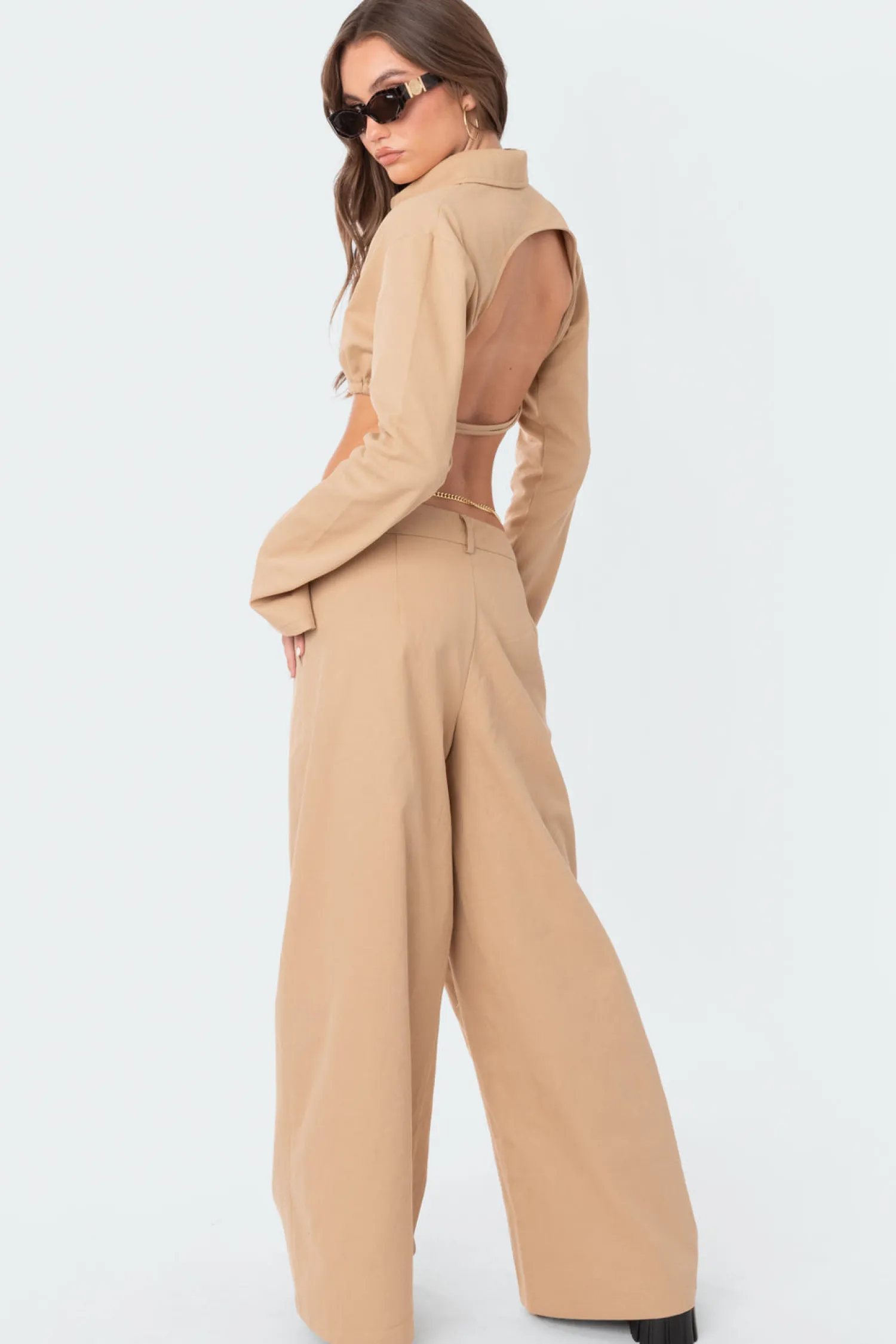 Crop Tops | Long Sleeve Tops*edikted Avianna Open Back Collared Shirt CAMEL