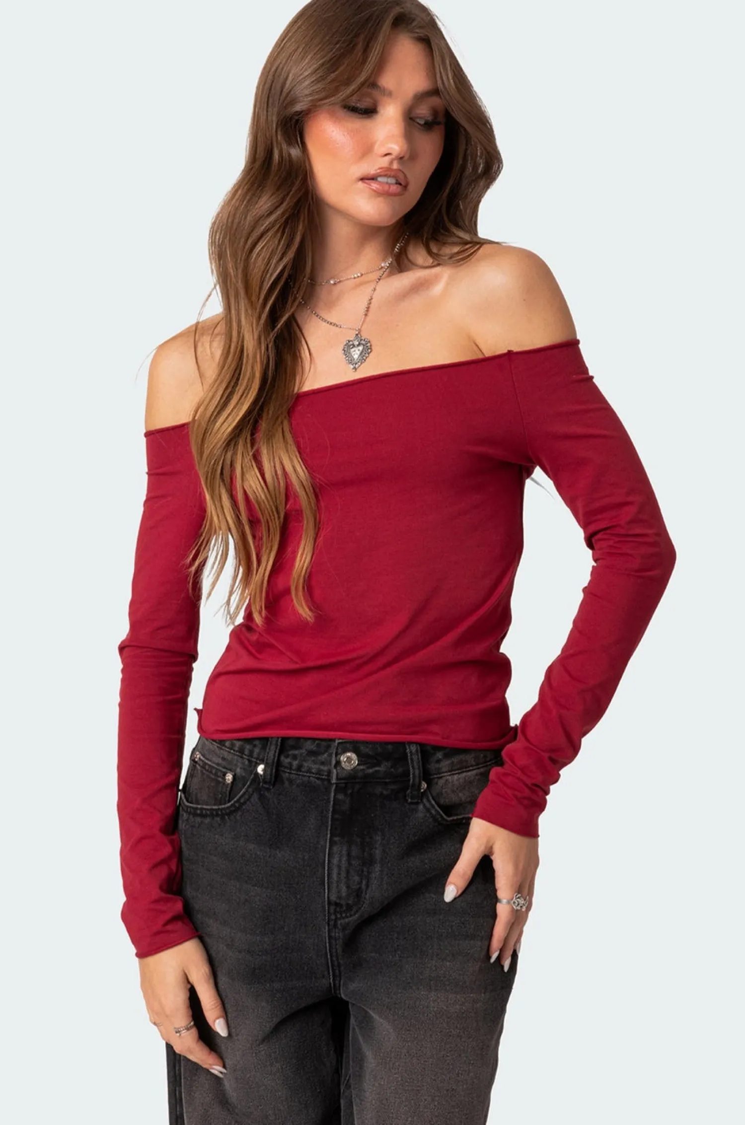 Long Sleeve Tops | Tops*edikted Baldwin Off Shoulder Top BURGUNDY