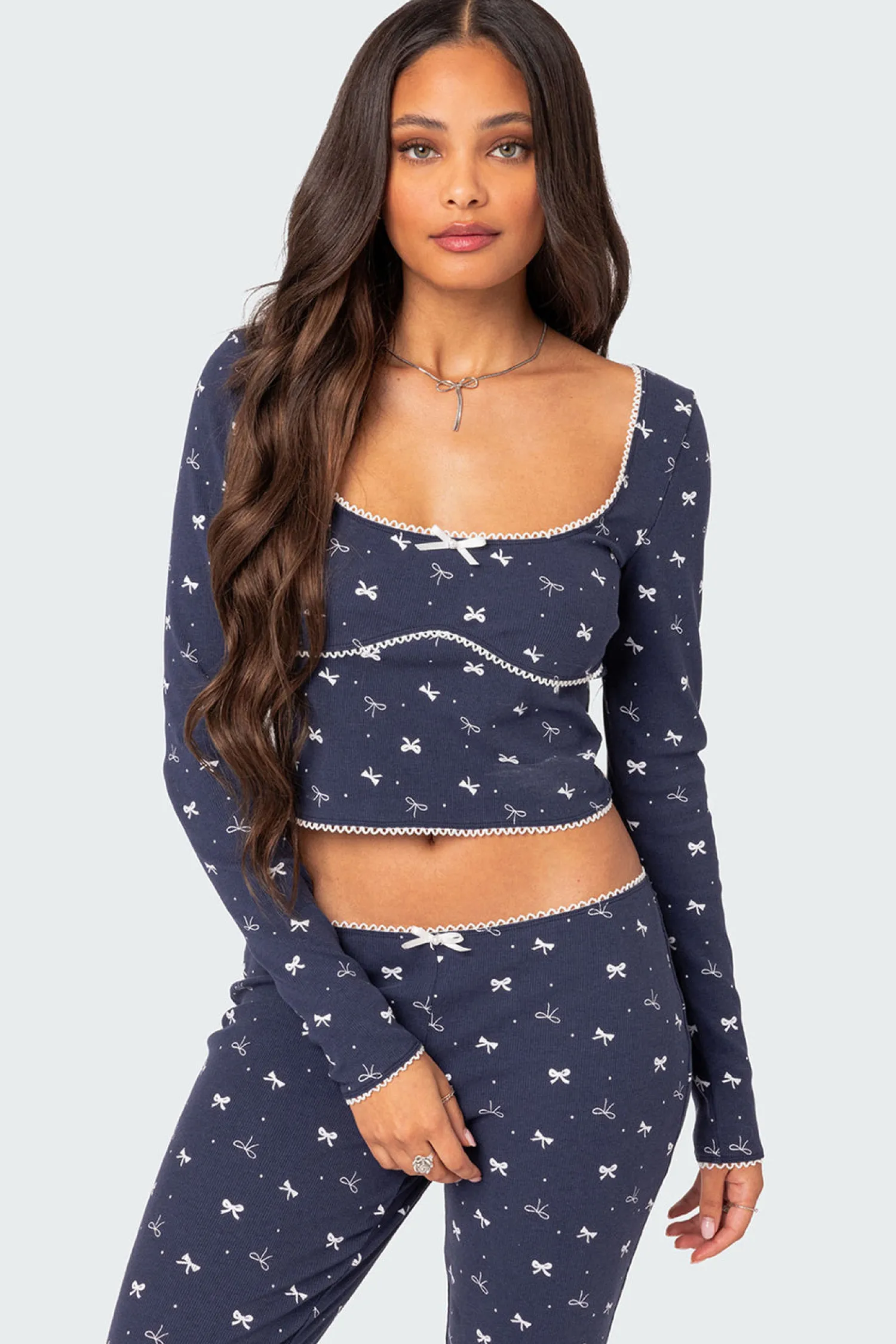 Crop Tops | Long Sleeve Tops*edikted Bradley Bow Print Ribbed Pajama Top NAVY