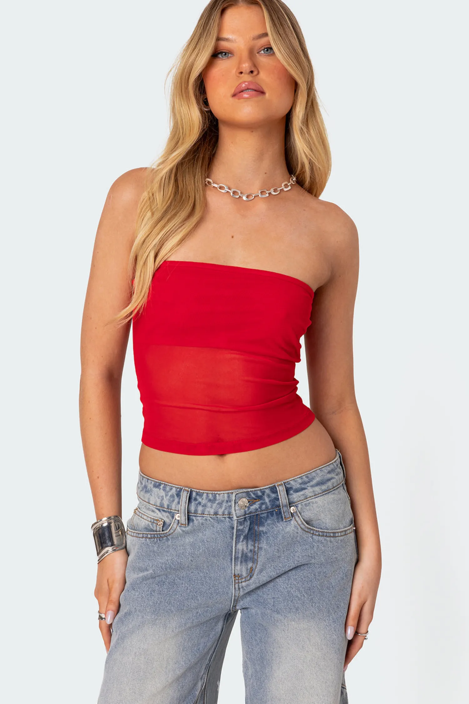 Strapless Tops | Tops*edikted Celestia Sheer Mesh Tube Top RED