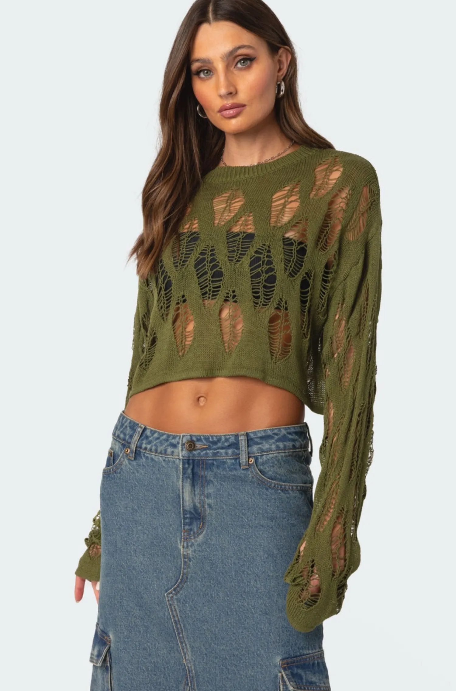 Crop Tops | Sweaters & Cardigans*edikted Clover Distressed Sweater OLIVE