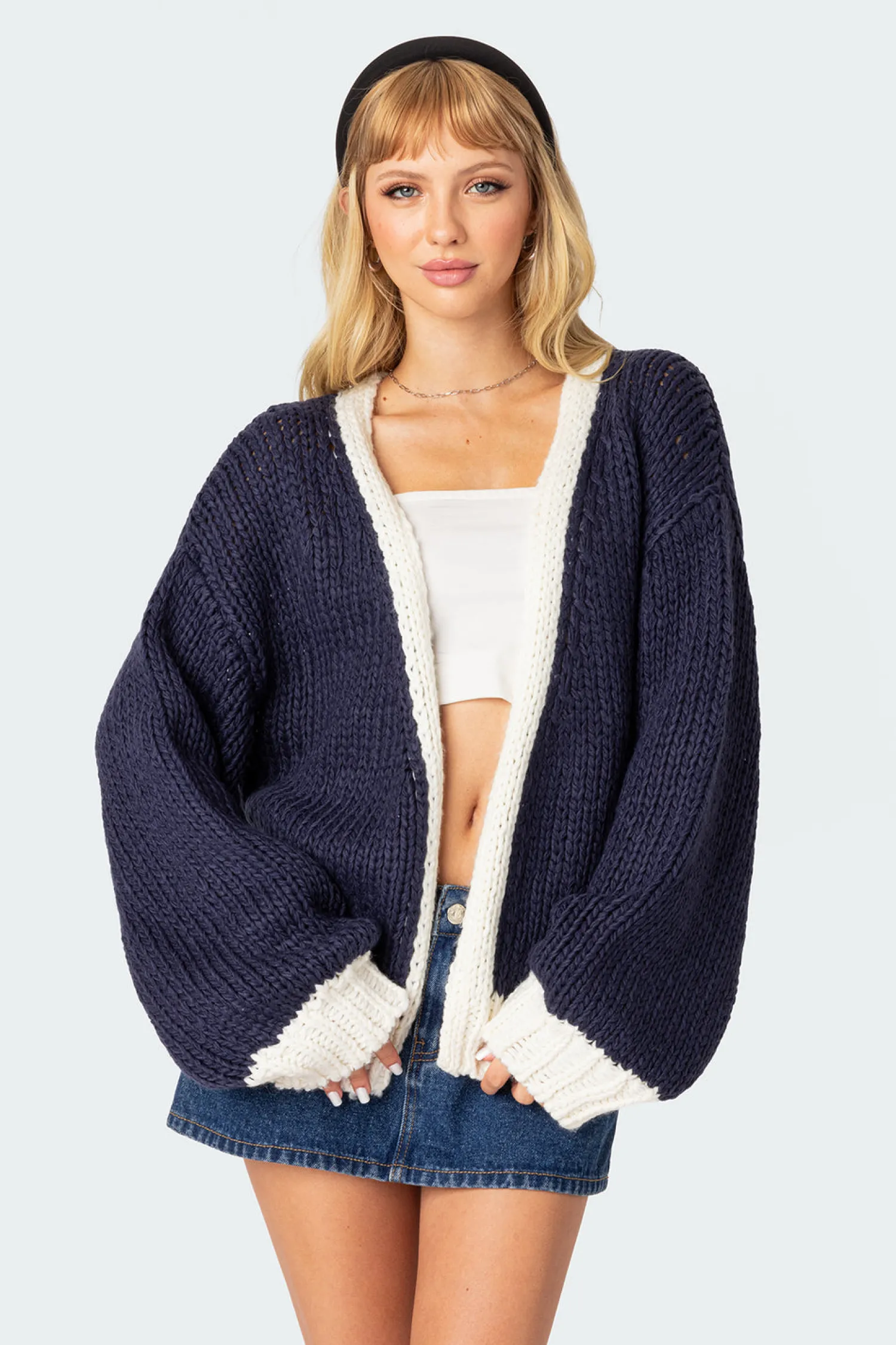 Sweaters & Cardigans | Long Sleeve Tops*edikted Contrast Chunky Knit Cardigan NAVY