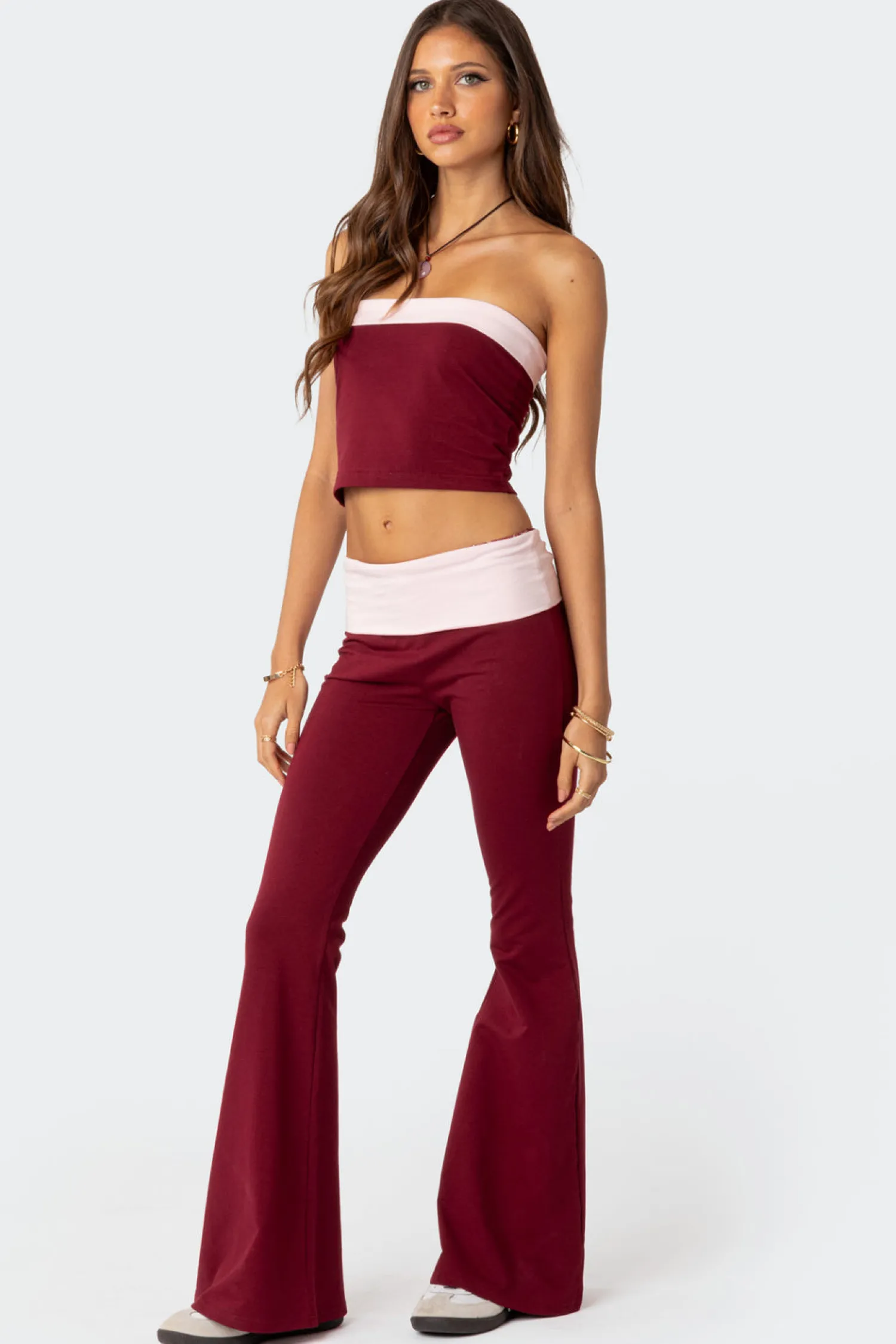 Pants | Pants*edikted Contrast Fold Over Flared Leggings BURGUNDY