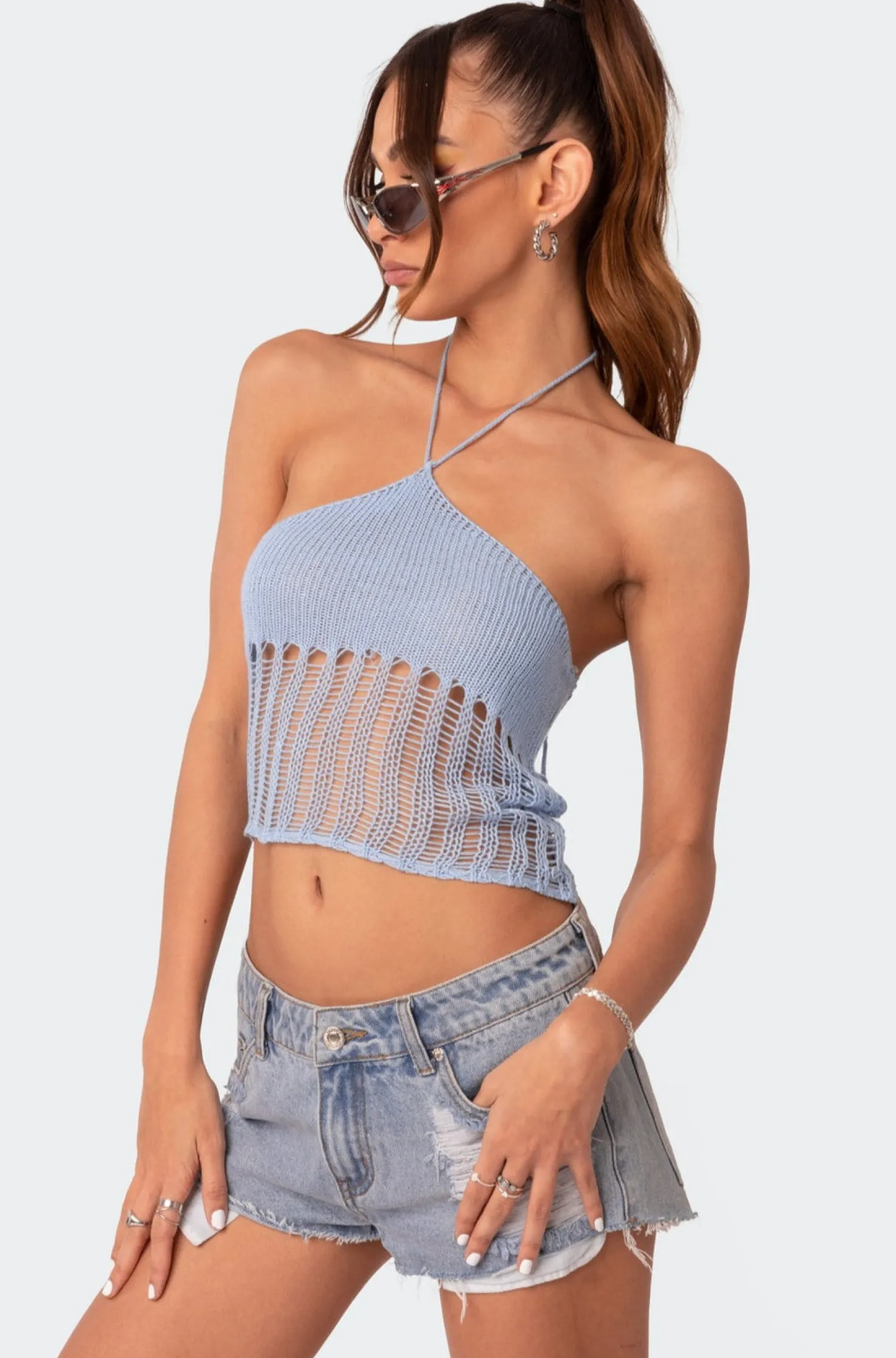 Crop Tops | Knitted Tops*edikted Crochet Halter Crop Top LIGHT BLUE