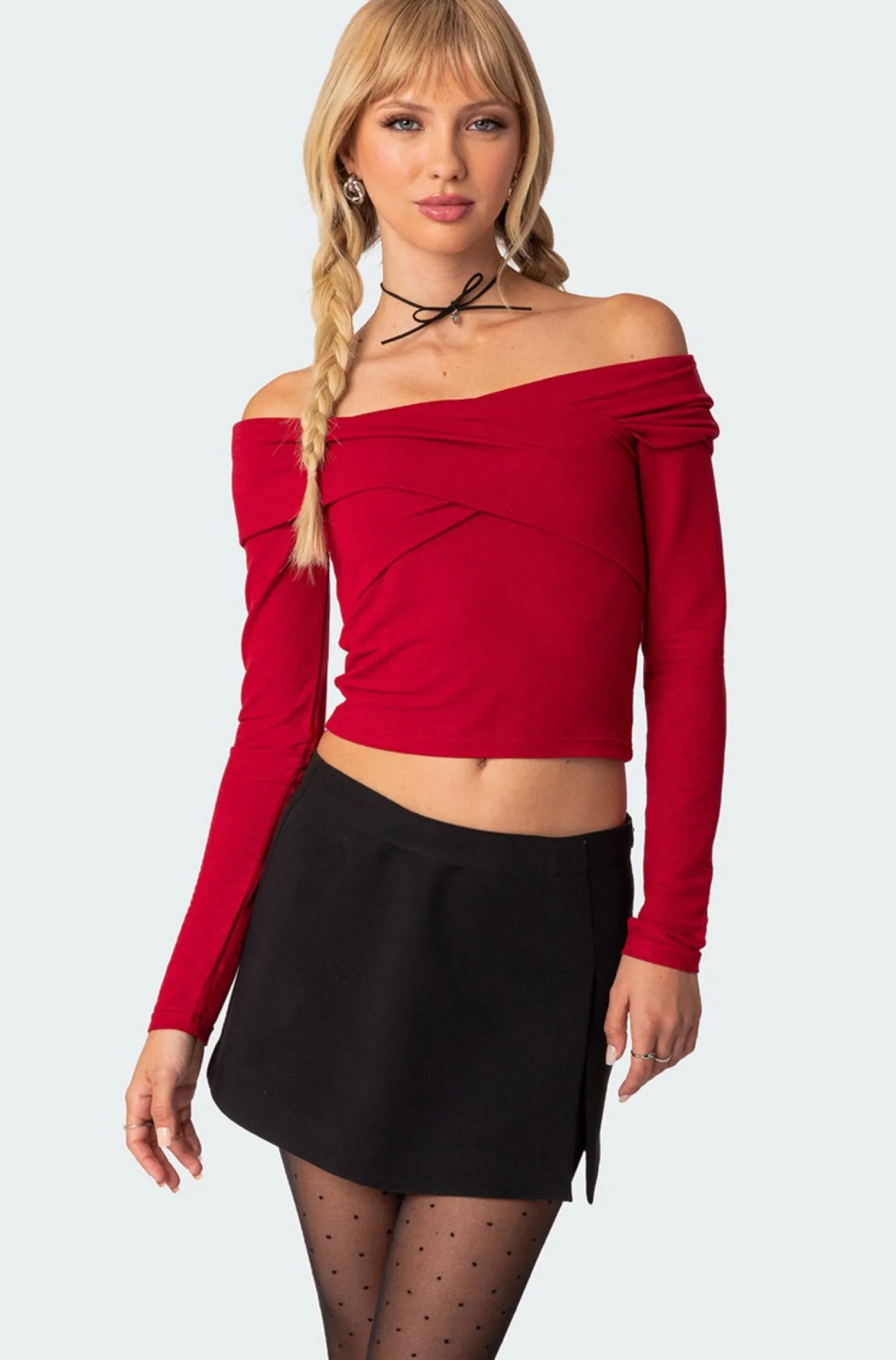 Long Sleeve Tops*edikted Crossover Off Shoulder Top RED