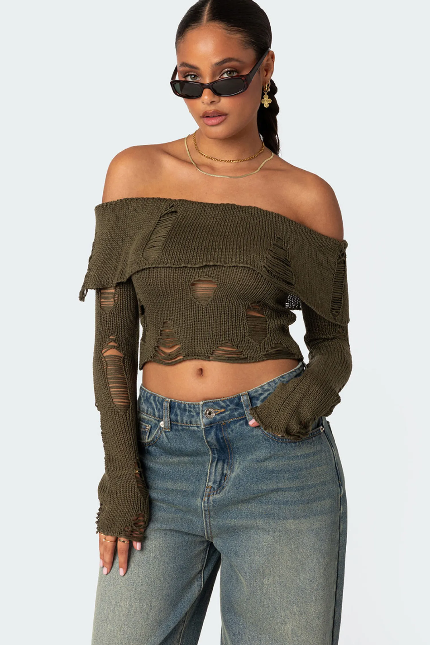 Crop Tops | Long Sleeve Tops*edikted Distressed Fold Over Sweater OLIVE