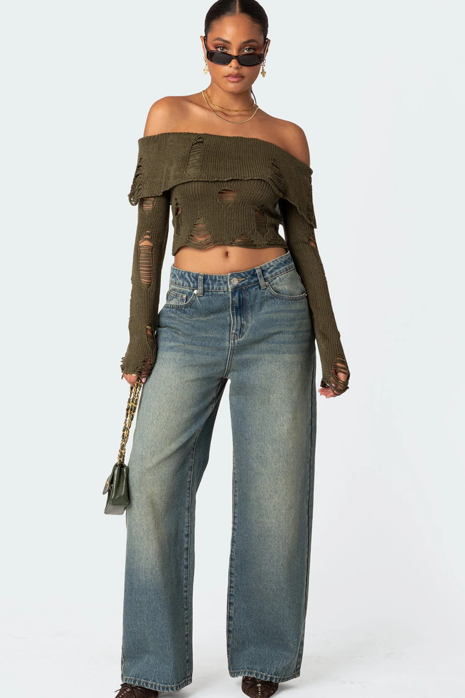 Crop Tops | Long Sleeve Tops*edikted Distressed Fold Over Sweater OLIVE