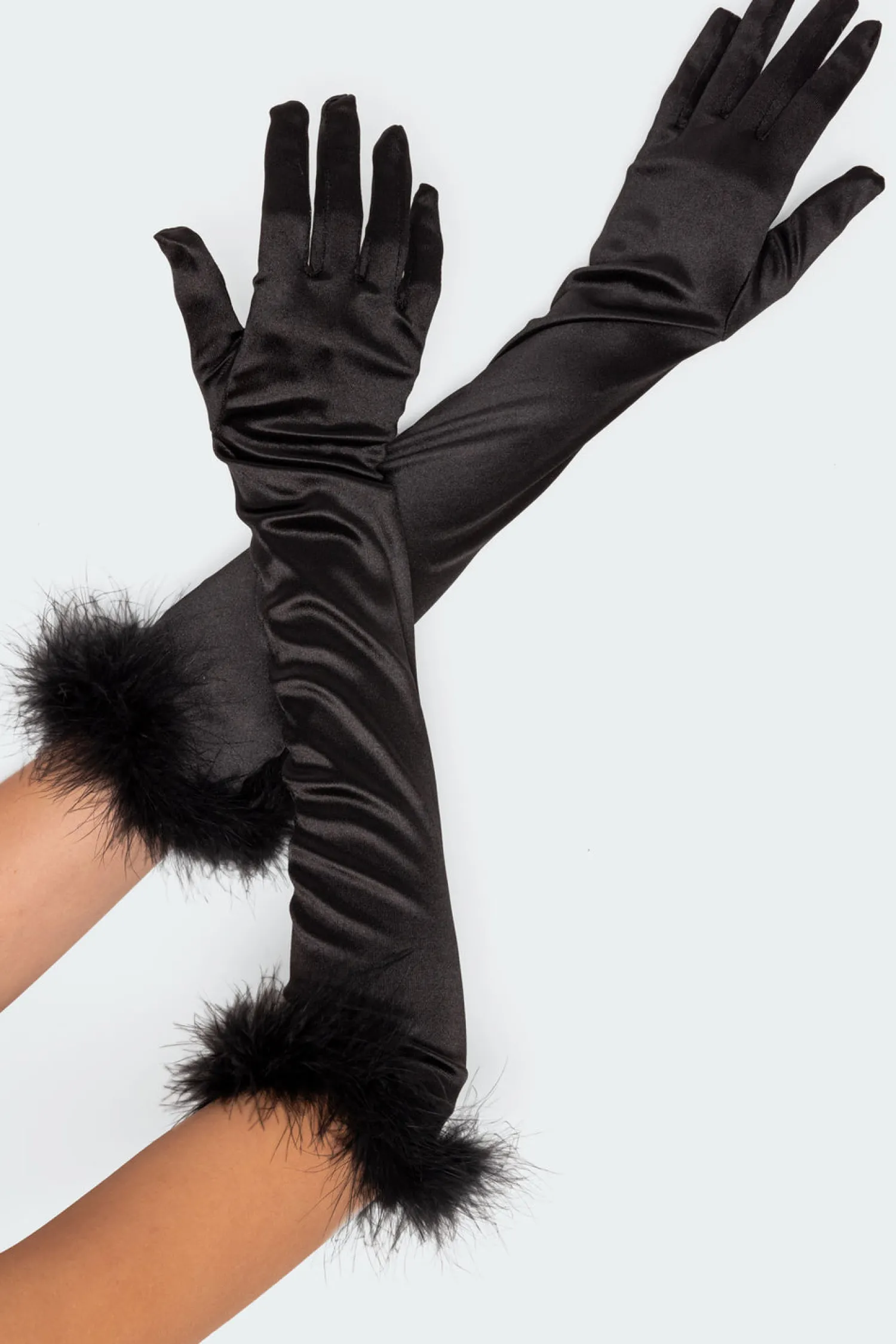 Fun Stuff*edikted Faux Feather Satin Gloves BLACK