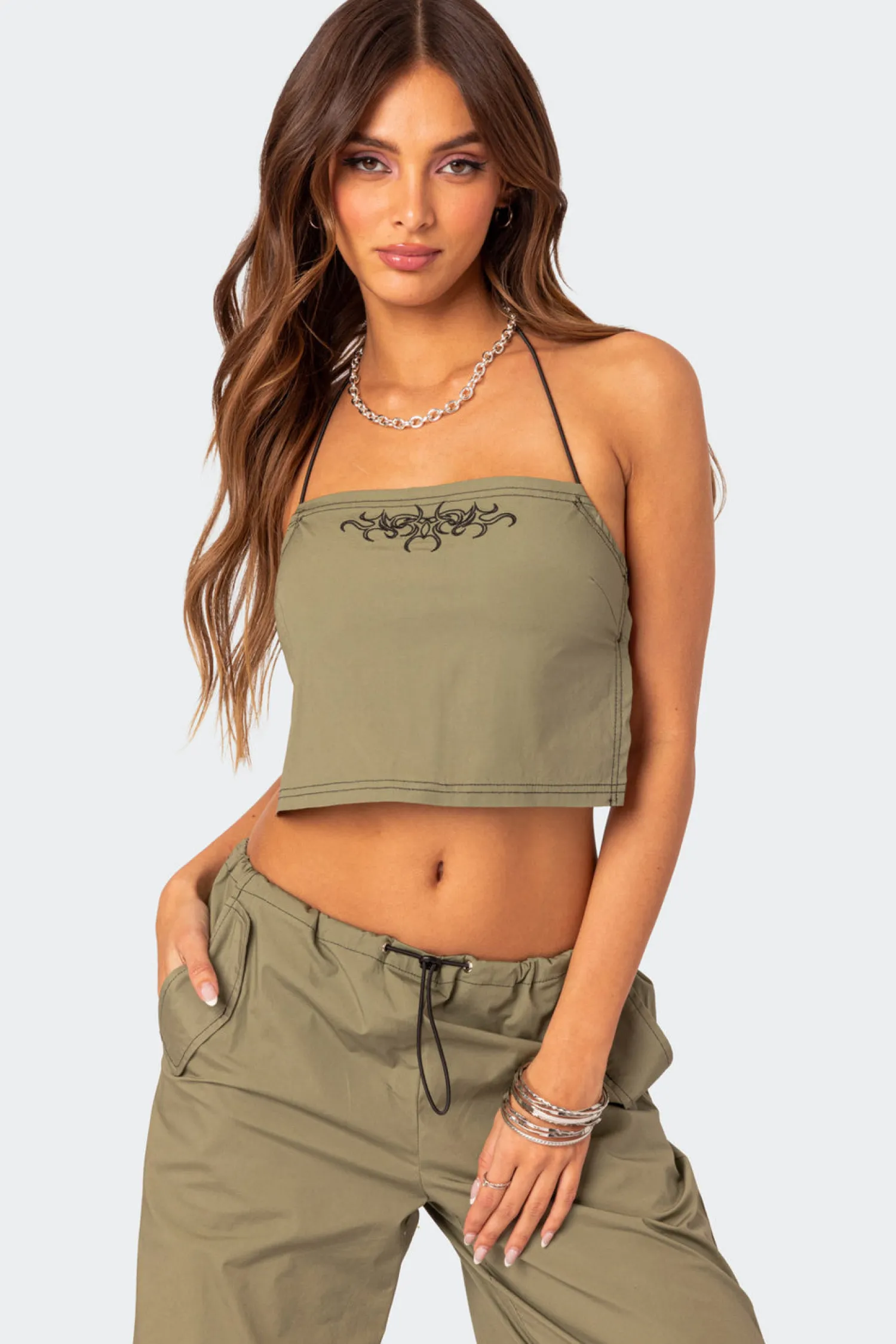 Crop Tops | Sets*edikted Fey Bungee Strap Open Back Top OLIVE