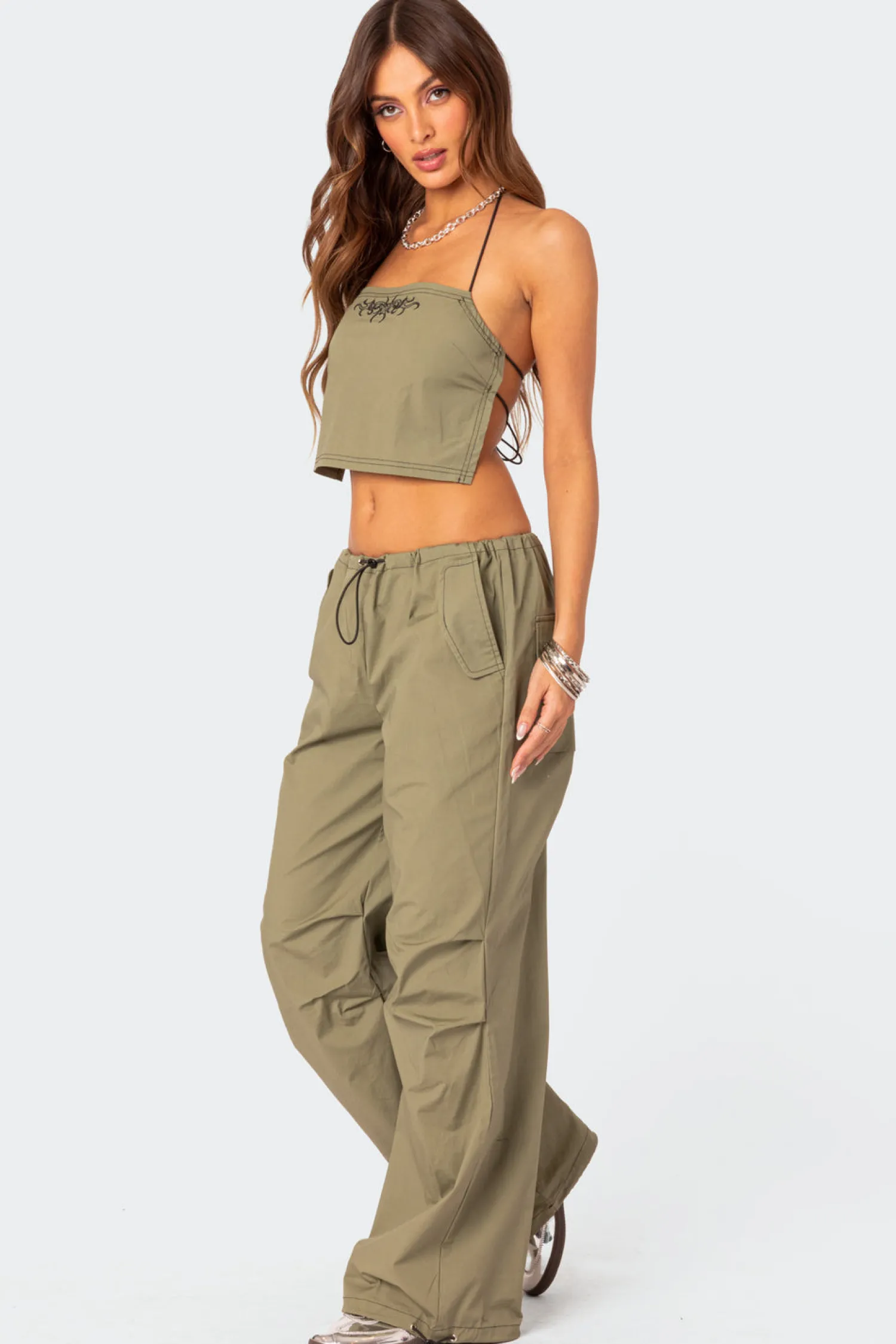 Crop Tops | Sets*edikted Fey Bungee Strap Open Back Top OLIVE