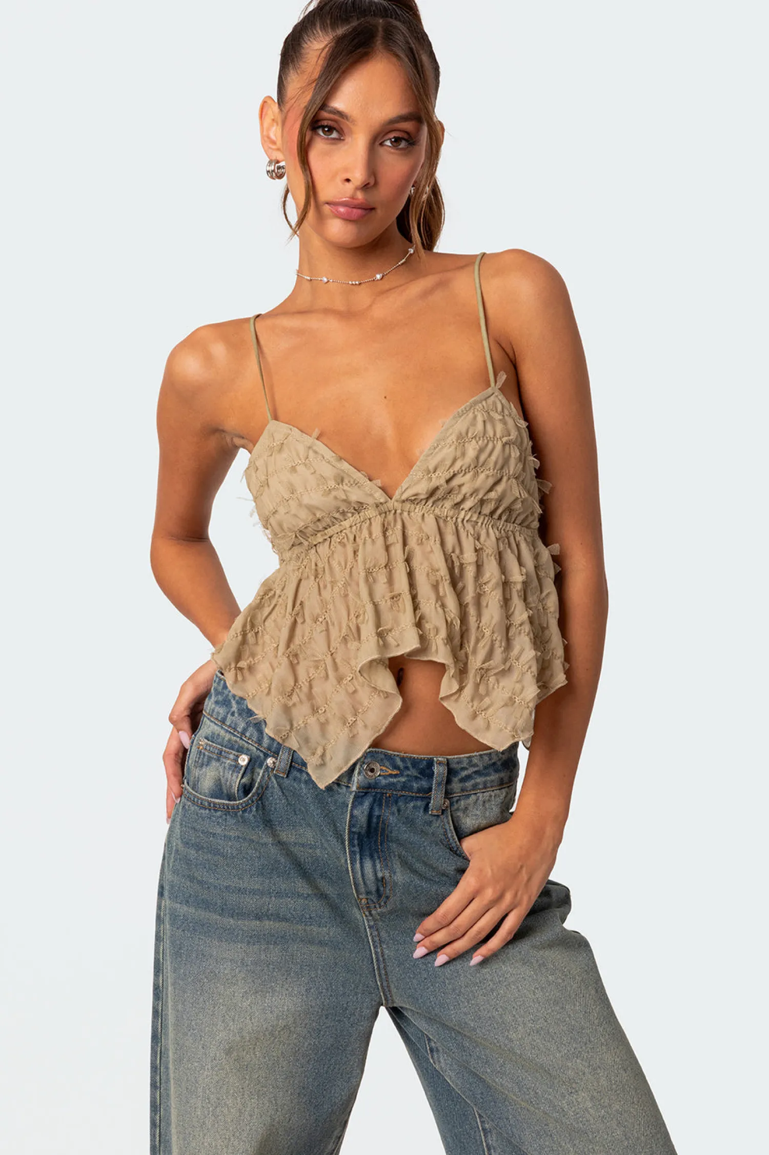 Crop Tops | Tops*edikted Flutter Frilled Tie Back Top OLIVE