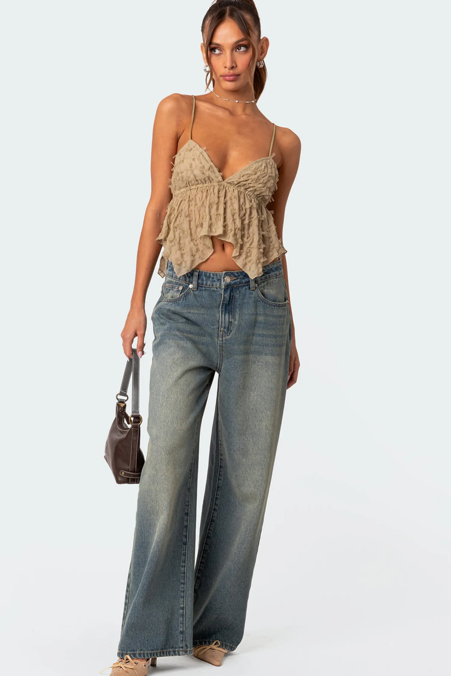 Crop Tops | Tops*edikted Flutter Frilled Tie Back Top OLIVE