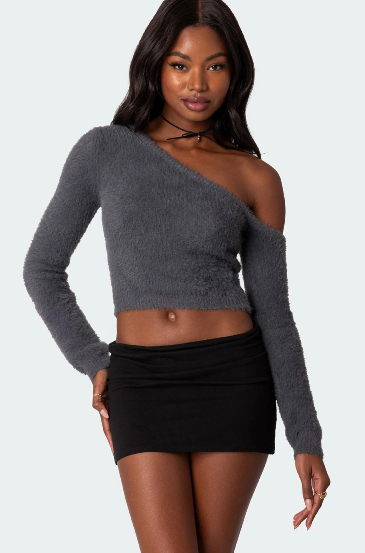 Sweaters & Cardigans | Long Sleeve Tops*edikted Frannie One Shoulder Fuzzy Knit Top GRAY