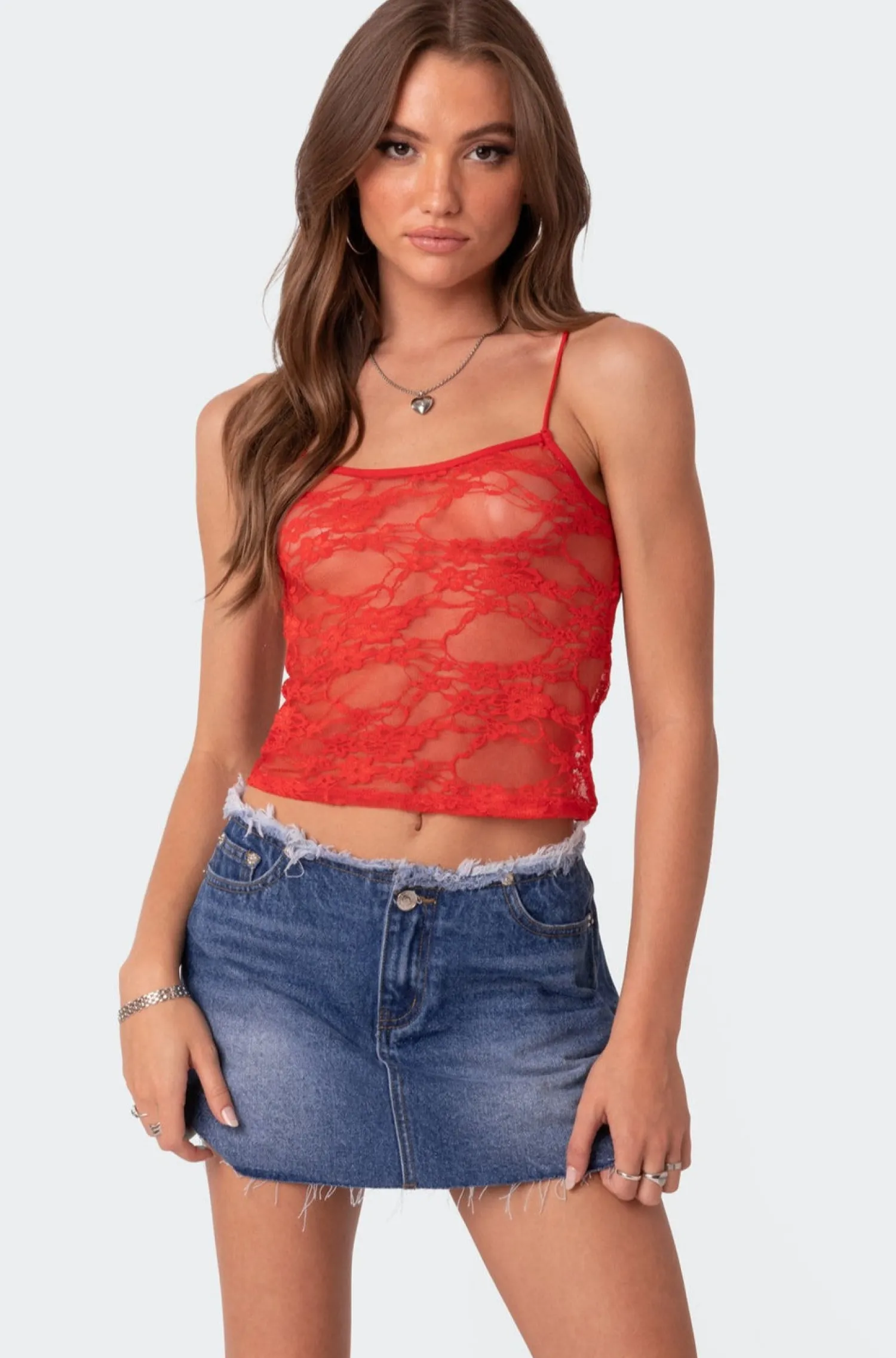 Tank Tops*edikted Gianna Sheer Lace Tank Top RED