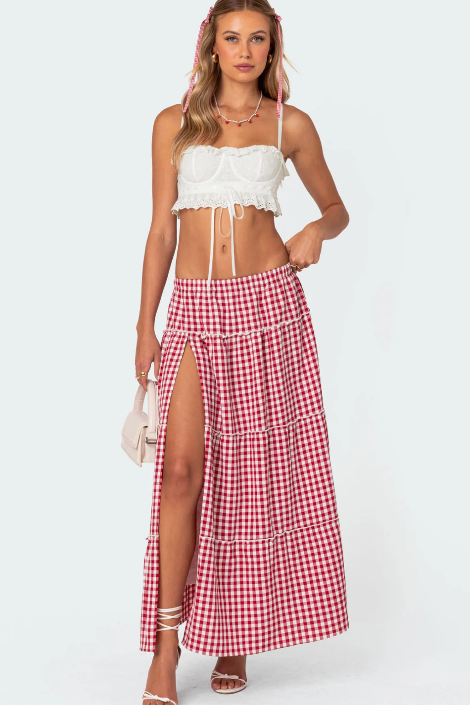 Skirts | Skirts*edikted Gingham Side Slit Tie Maxi Skirt RED