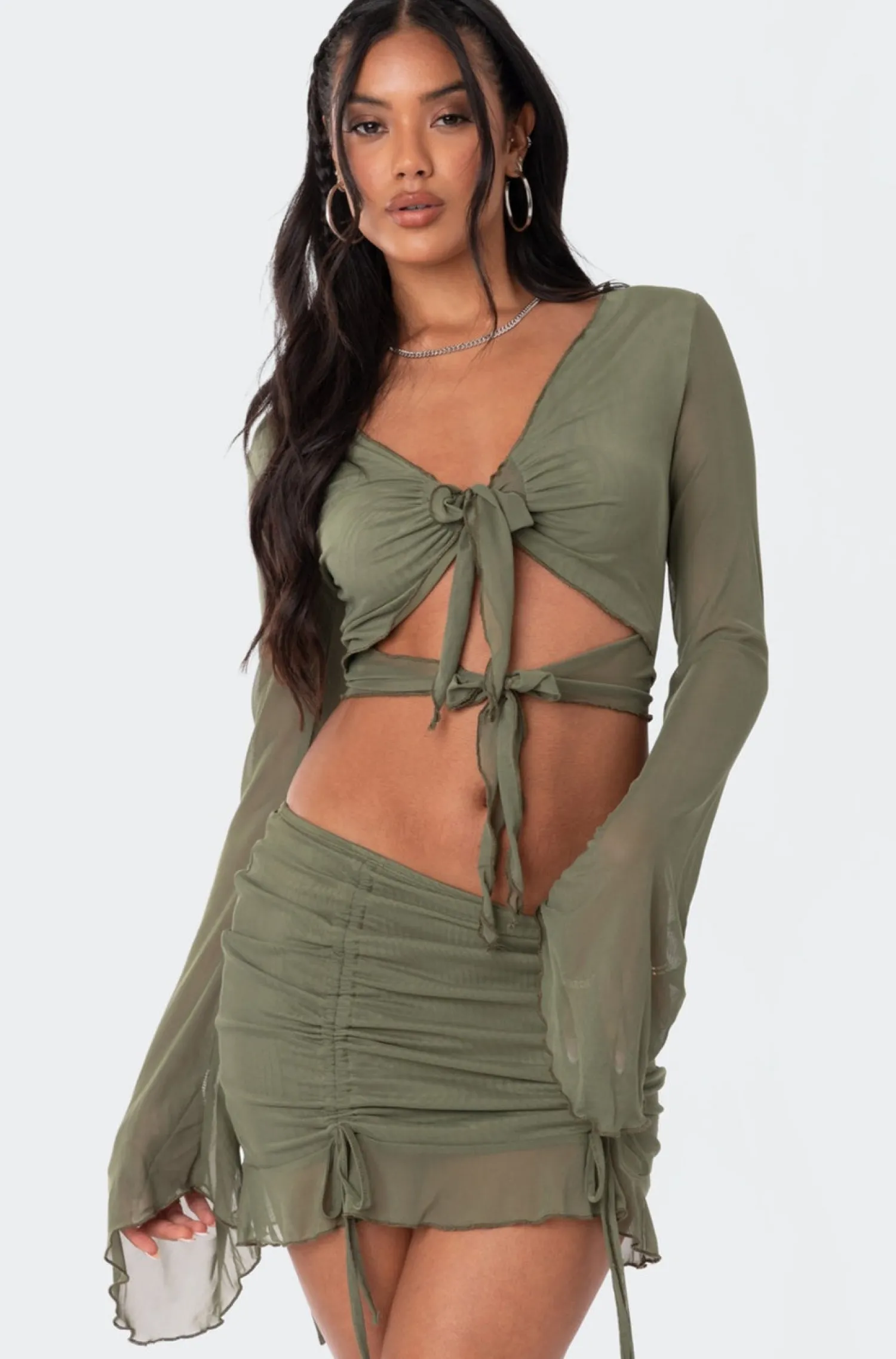 Crop Tops | Long Sleeve Tops*edikted Indigo Tie Front Mesh Crop Top OLIVE