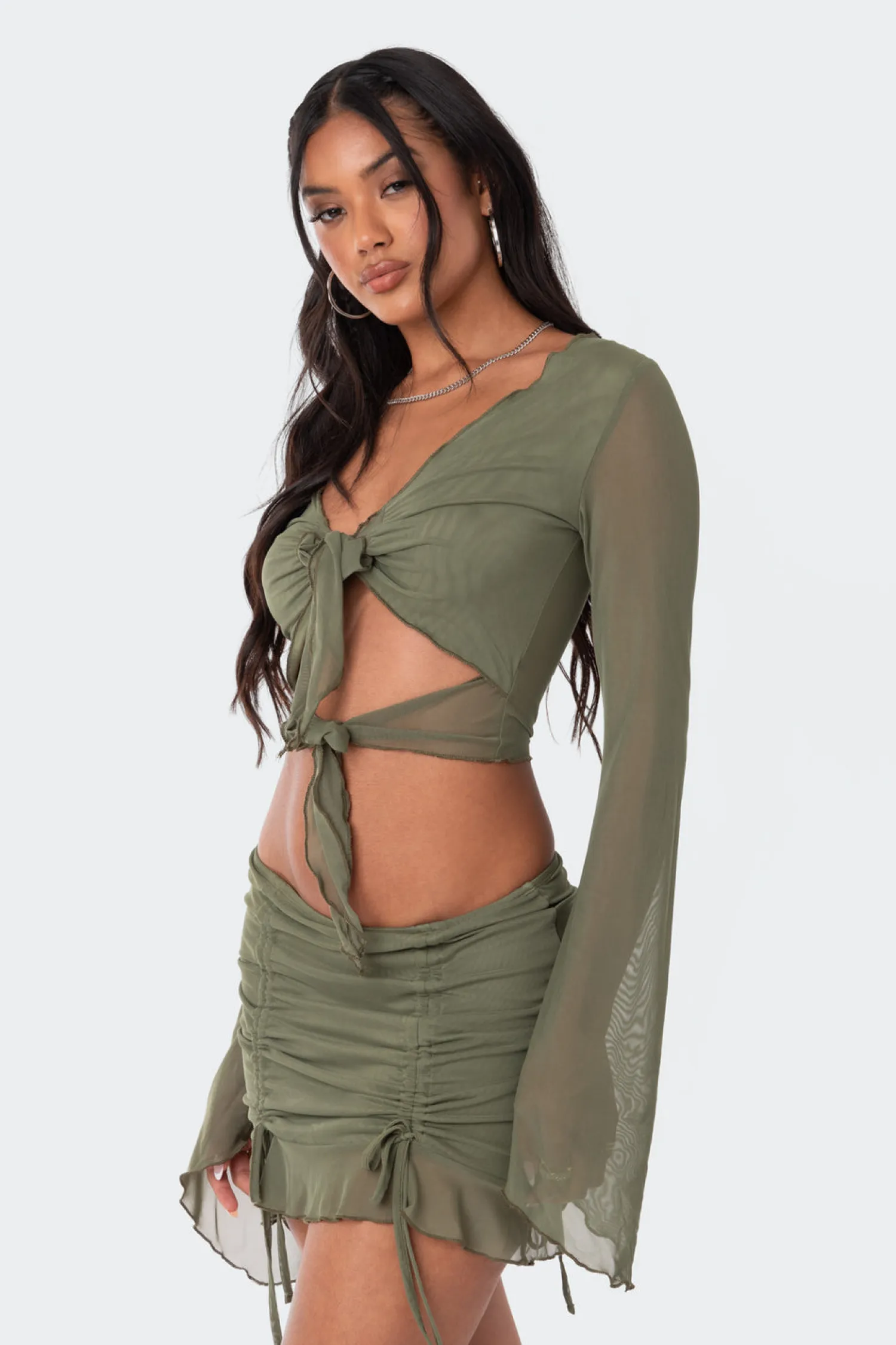 Crop Tops | Long Sleeve Tops*edikted Indigo Tie Front Mesh Crop Top OLIVE