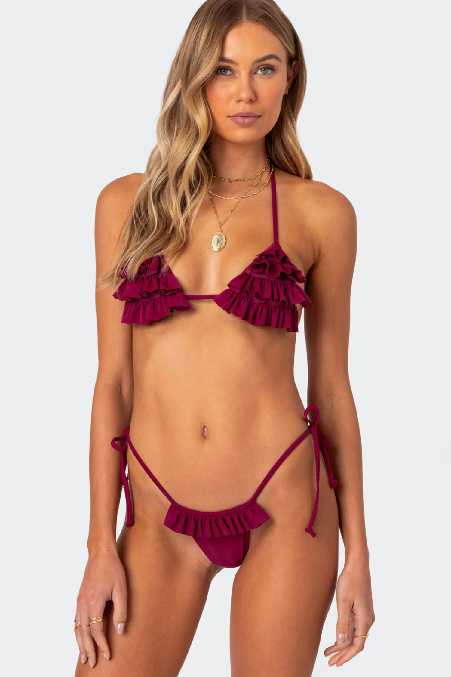 Swim*edikted Joelle Ruffled Triangle Bikini Top BURGUNDY