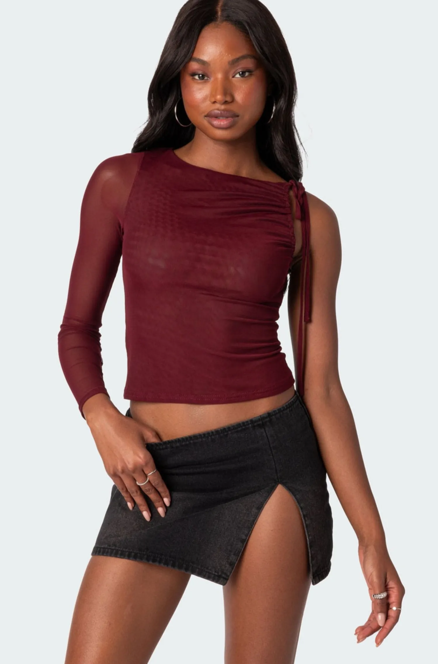 Crop Tops | Long Sleeve Tops*edikted Jupiter One Shoulder Mesh Top BURGUNDY