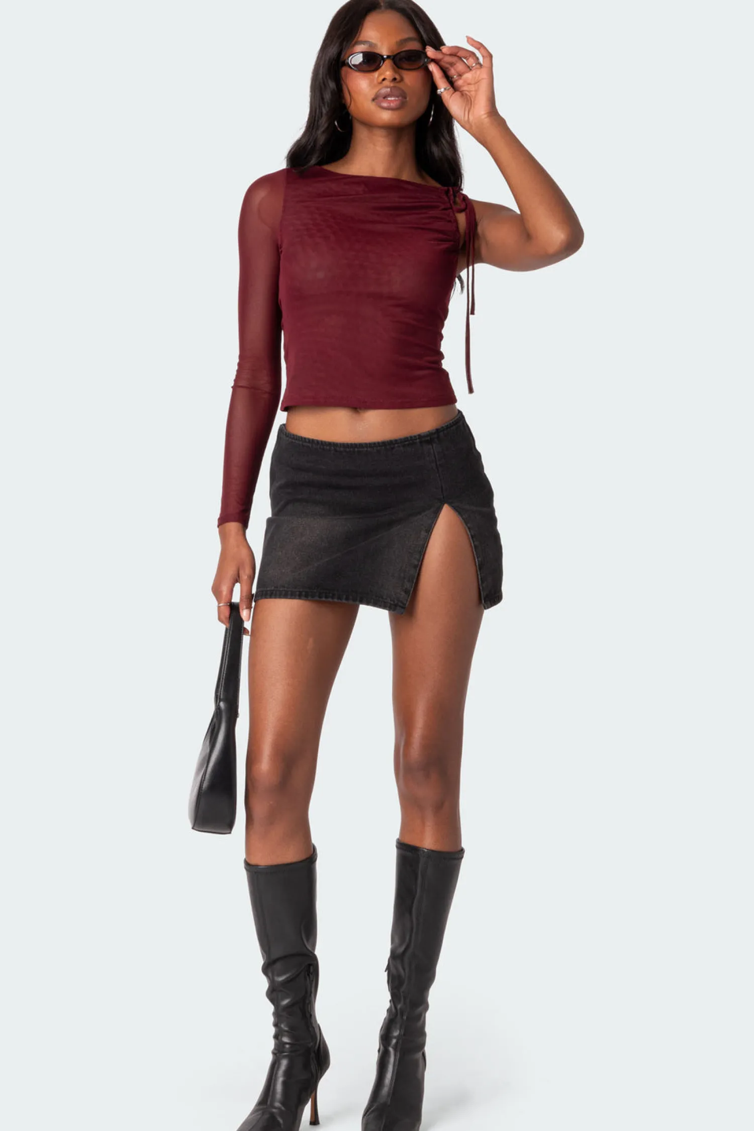 Crop Tops | Long Sleeve Tops*edikted Jupiter One Shoulder Mesh Top BURGUNDY