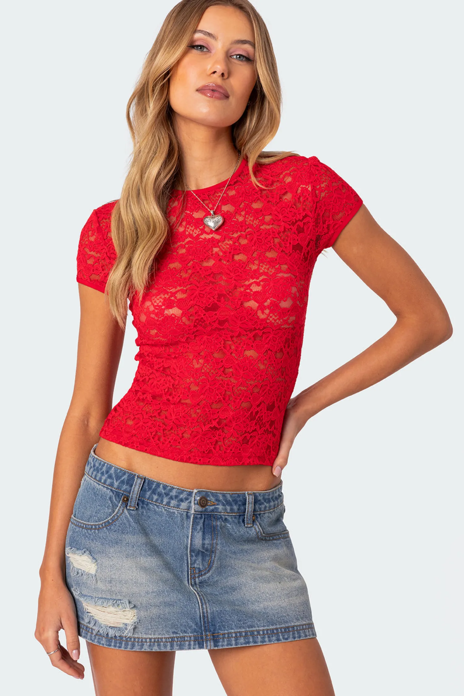 T-Shirts | Tops*edikted Kaori Sheer Lace T Shirt RED