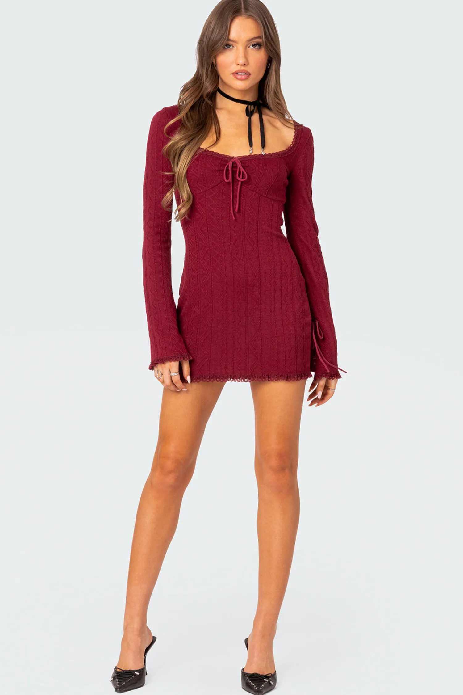 Mini Dresses | Long Sleeve Tops*edikted Krista Lacey Knit Mini Dress BURGUNDY