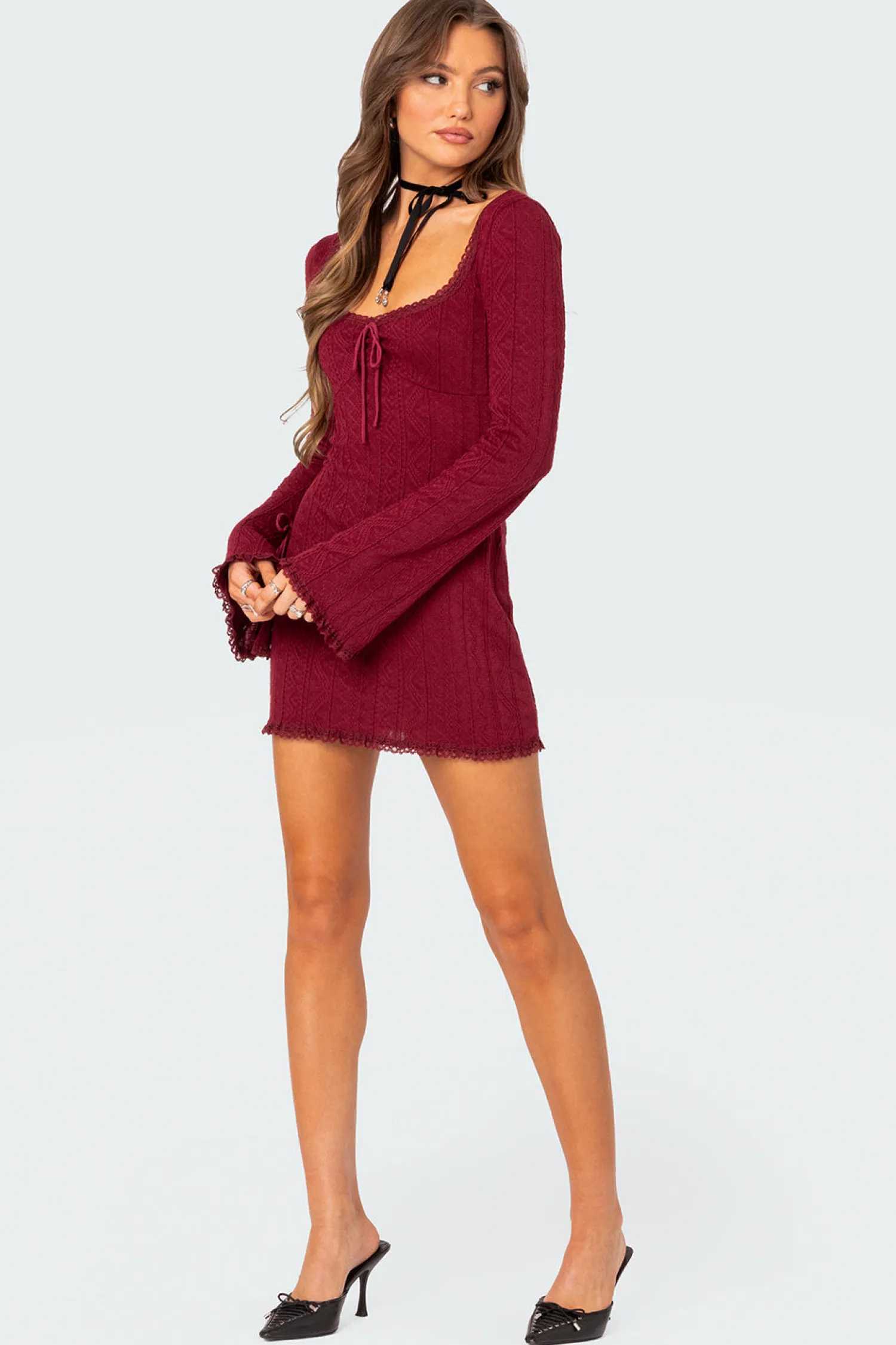 Mini Dresses | Long Sleeve Tops*edikted Krista Lacey Knit Mini Dress BURGUNDY