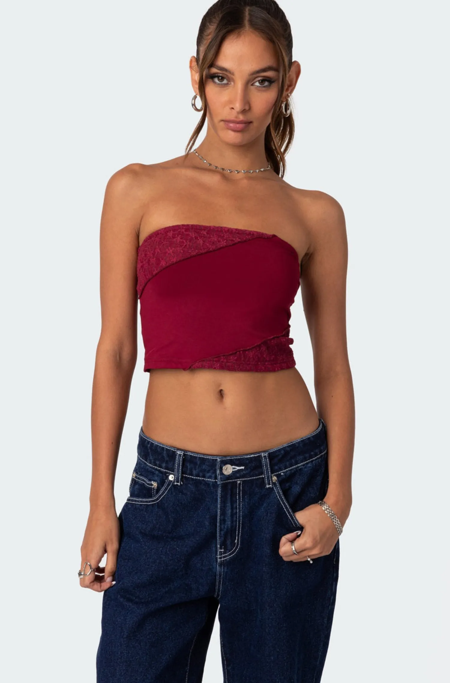 Crop Tops | Strapless Tops*edikted Lace Patchwork Tube Top BURGUNDY