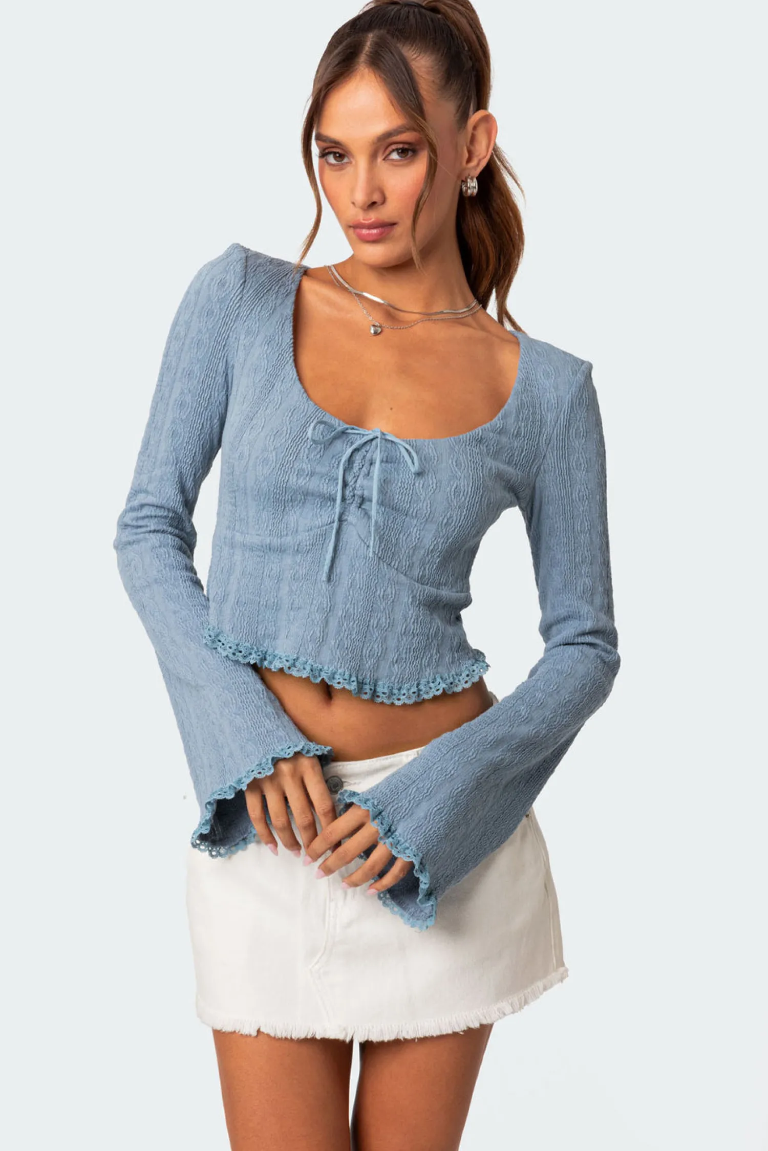 Long Sleeve Tops | Crop Tops*edikted Lacey Long Sleeve Knit Top BLUE