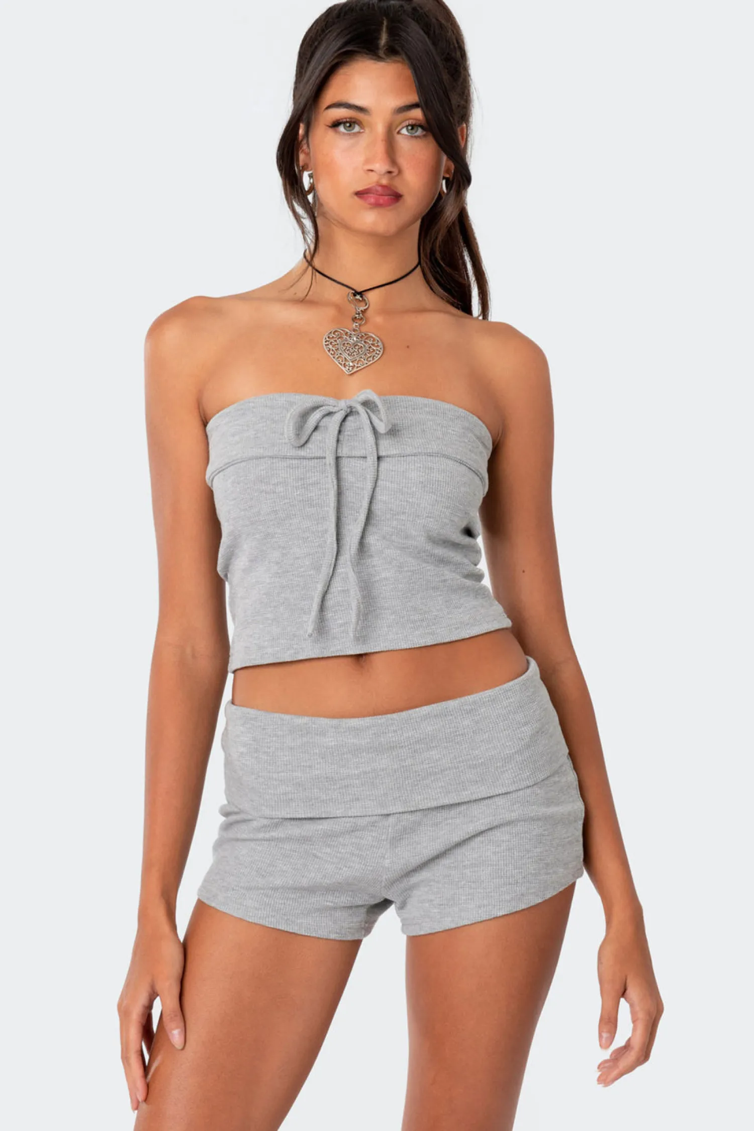 Crop Tops | Strapless Tops*edikted Lizzy Foldover Waffle Tube Top GRAY MELANGE