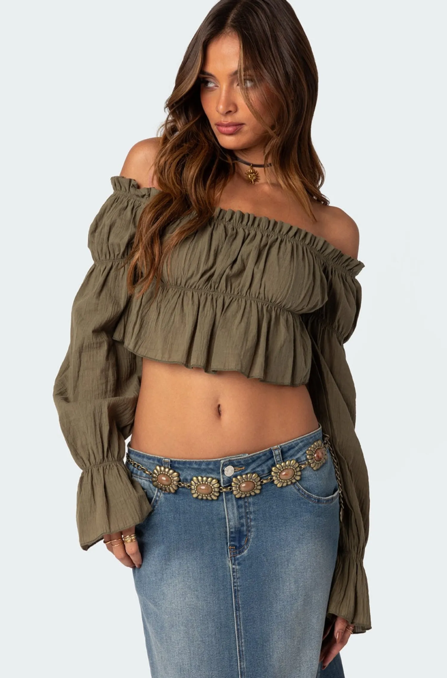 Crop Tops | Long Sleeve Tops*edikted Majestic Off Shoulder Gathered Crop Top OLIVE