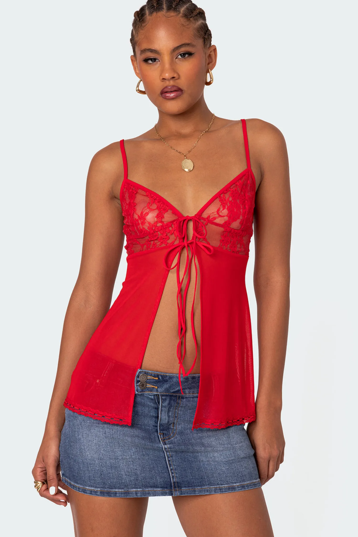 Tank Tops*edikted Mimosa Sheer Lace Long Tank Top RED