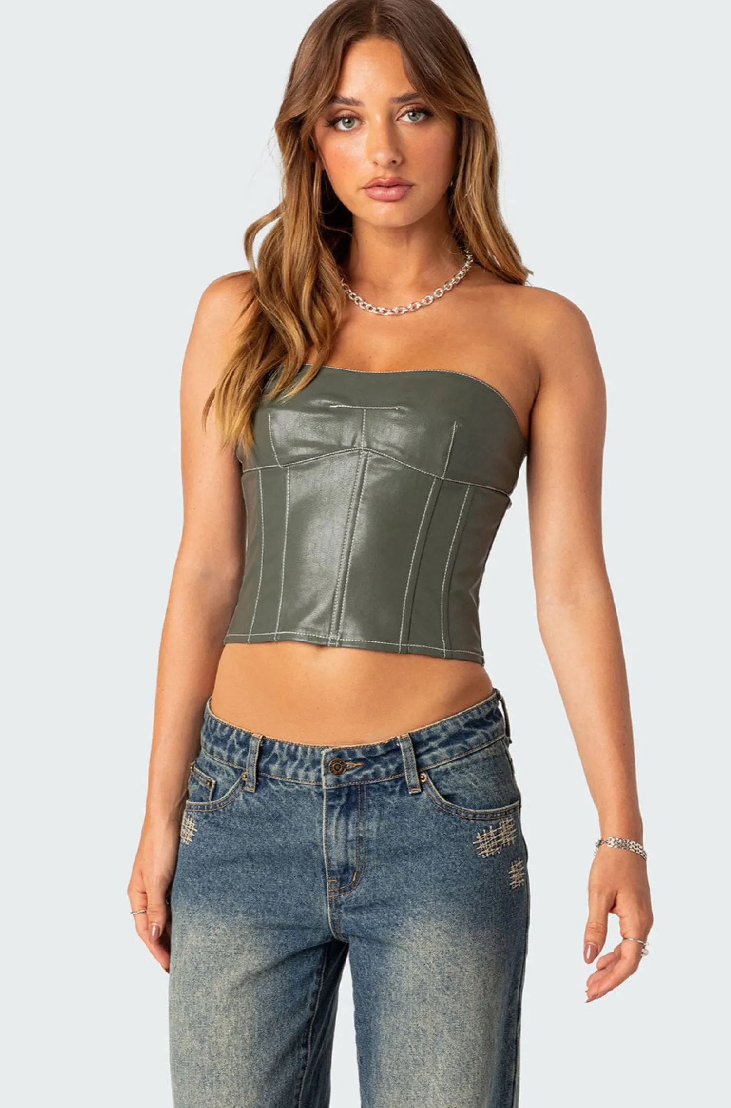 Corsets | Corsets*edikted Moss Faux Leather Lace Up Corset OLIVE