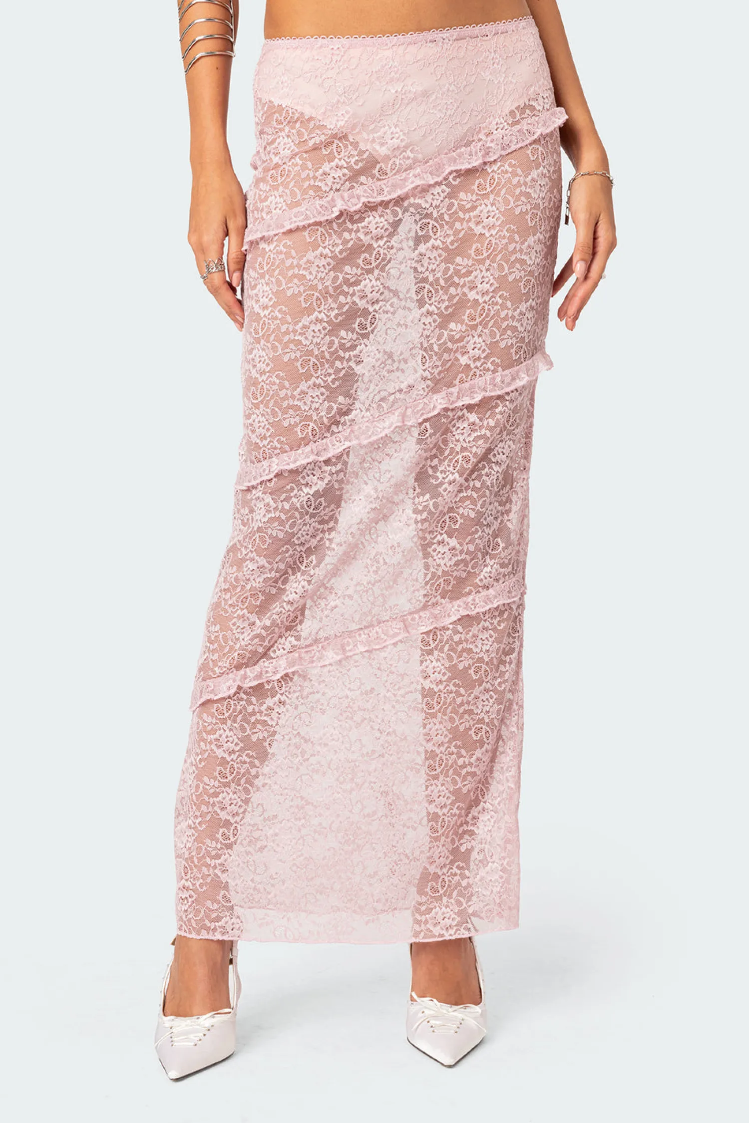 Skirts | Skirts*edikted Myra Sheer Lace Ruffle Maxi Skirt LIGHT PINK