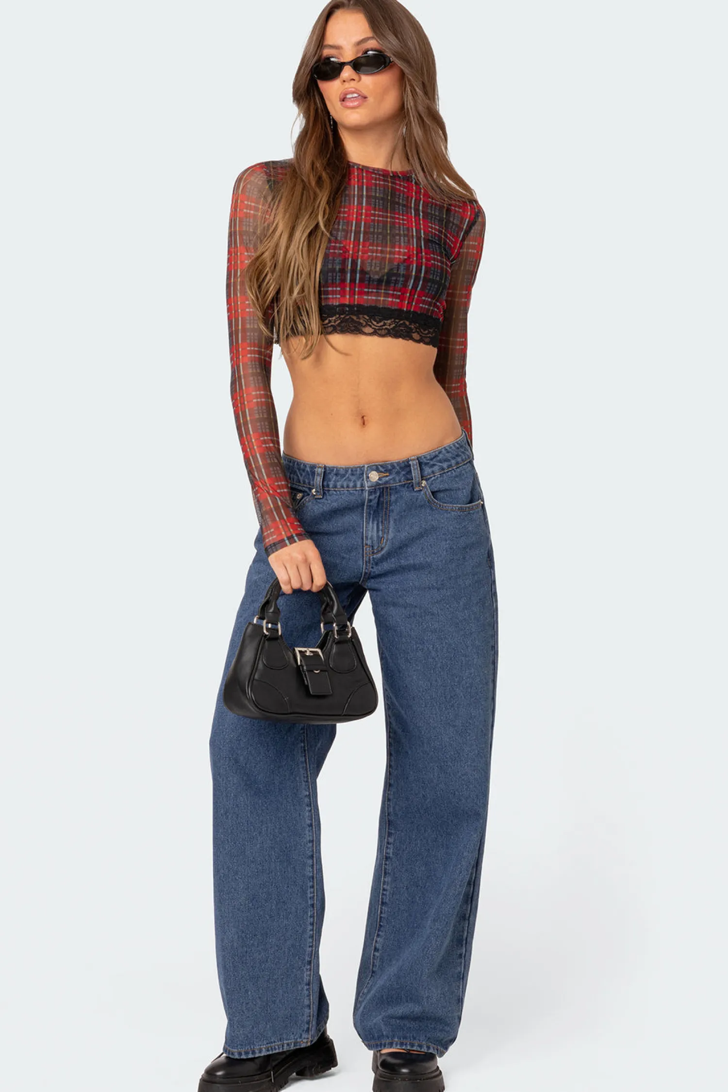 Crop Tops | Long Sleeve Tops*edikted Noel Plaid Printed Mesh Crop Top MIX