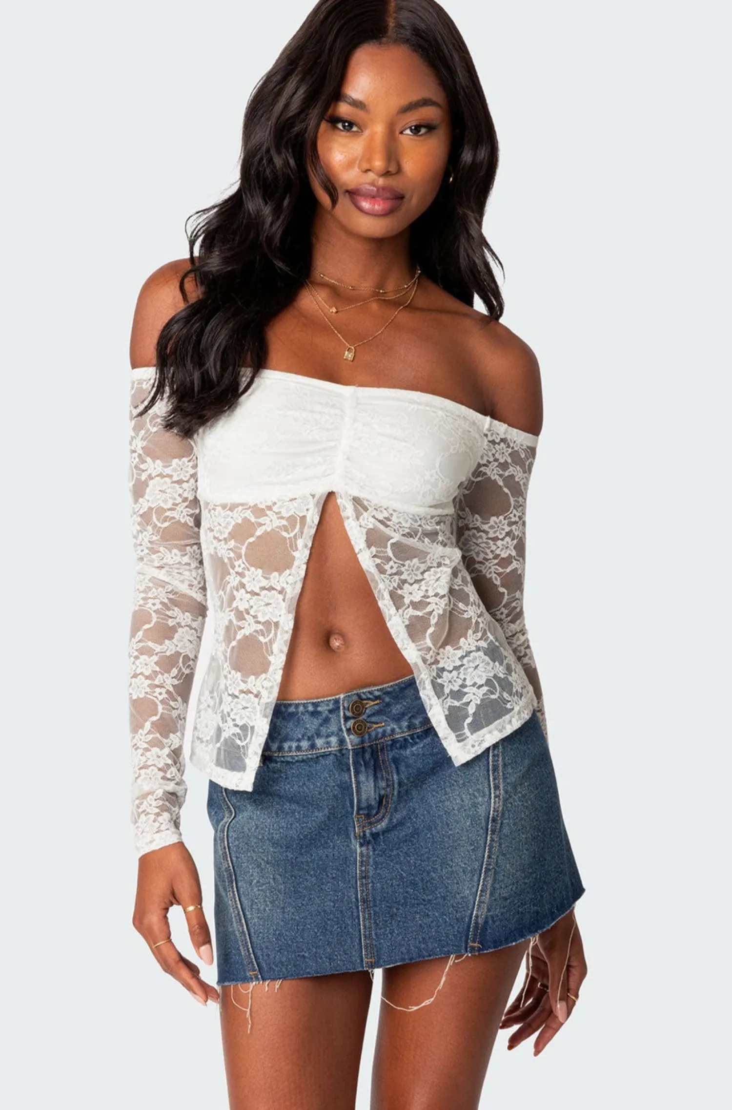 Long Sleeve Tops*edikted Odessa Split Front Sheer Lace Top WHITE