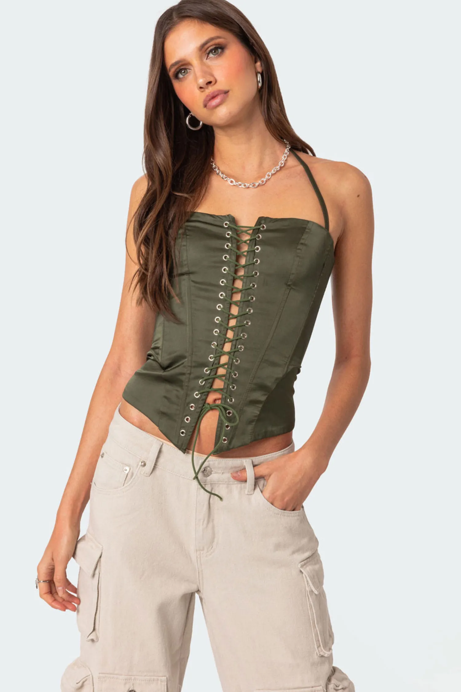 Corsets | Corsets*edikted Ola Satin Lace Up Corset OLIVE