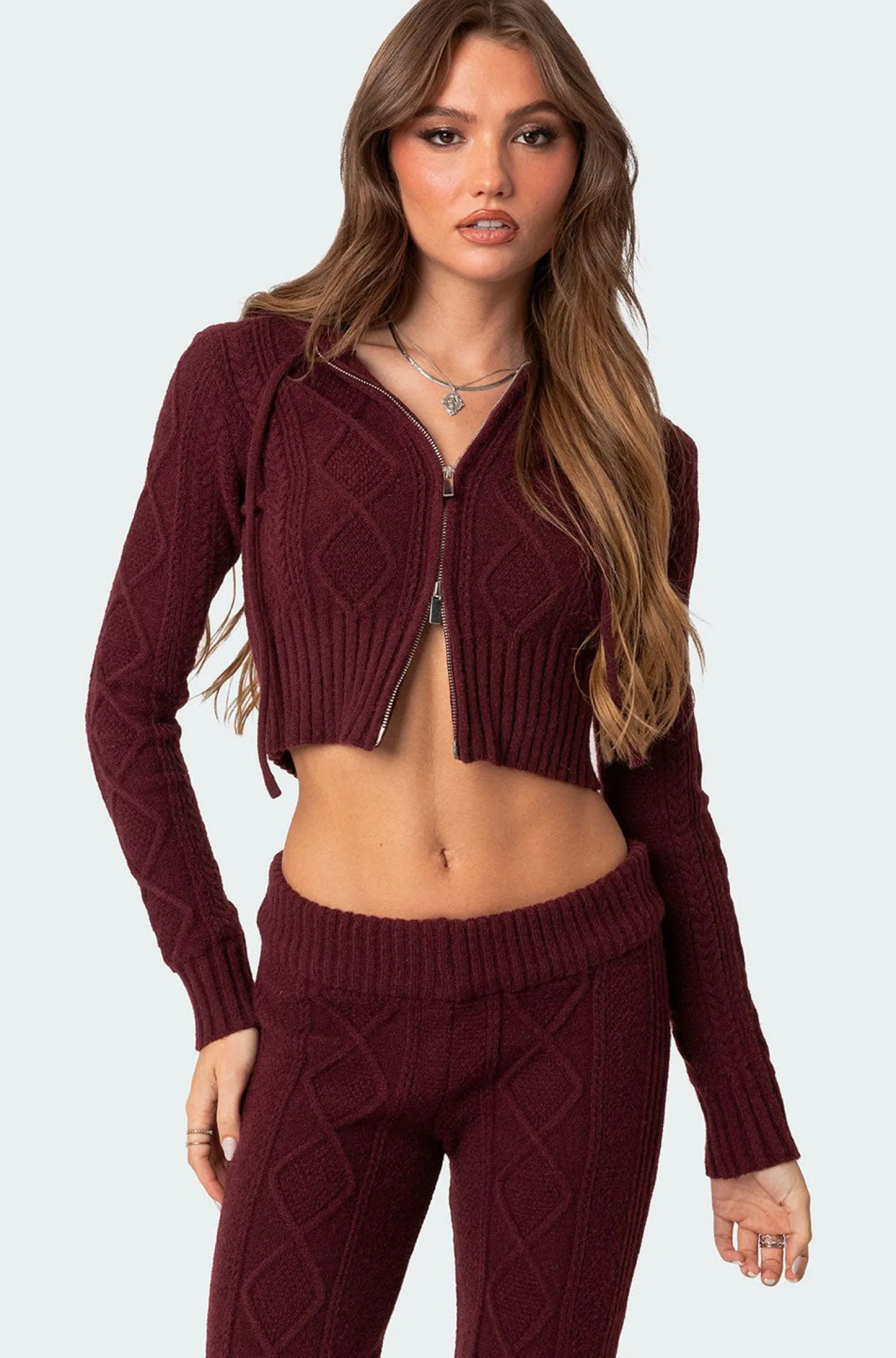 Sweaters & Cardigans | Long Sleeve Tops*edikted Ray Cable Knit Hooded Cardigan BURGUNDY