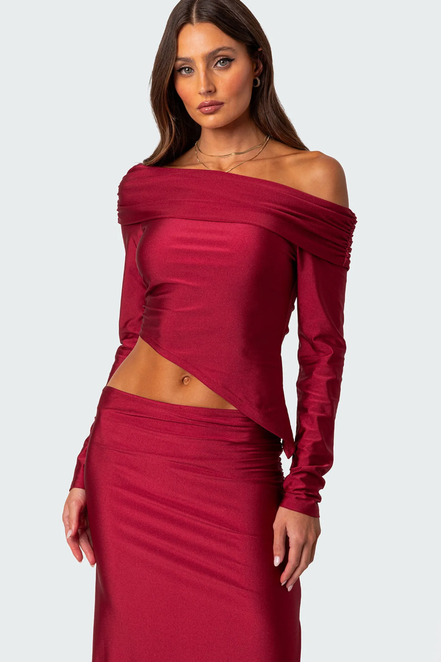 Long Sleeve Tops | Sets*edikted Reema Shiny Fold Over Top RED