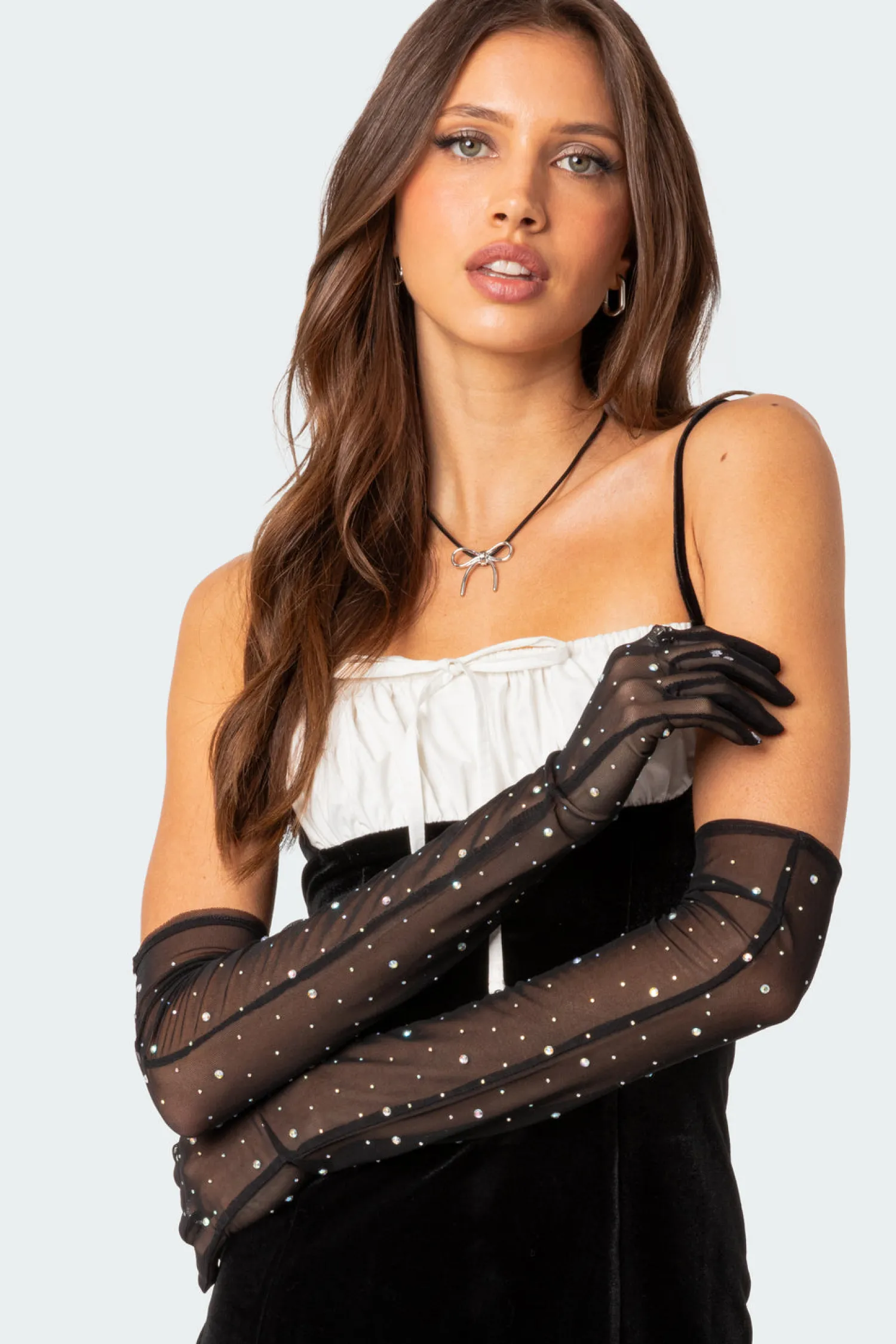 Fun Stuff*edikted Rhinestone Sheer Mesh Gloves BLACK