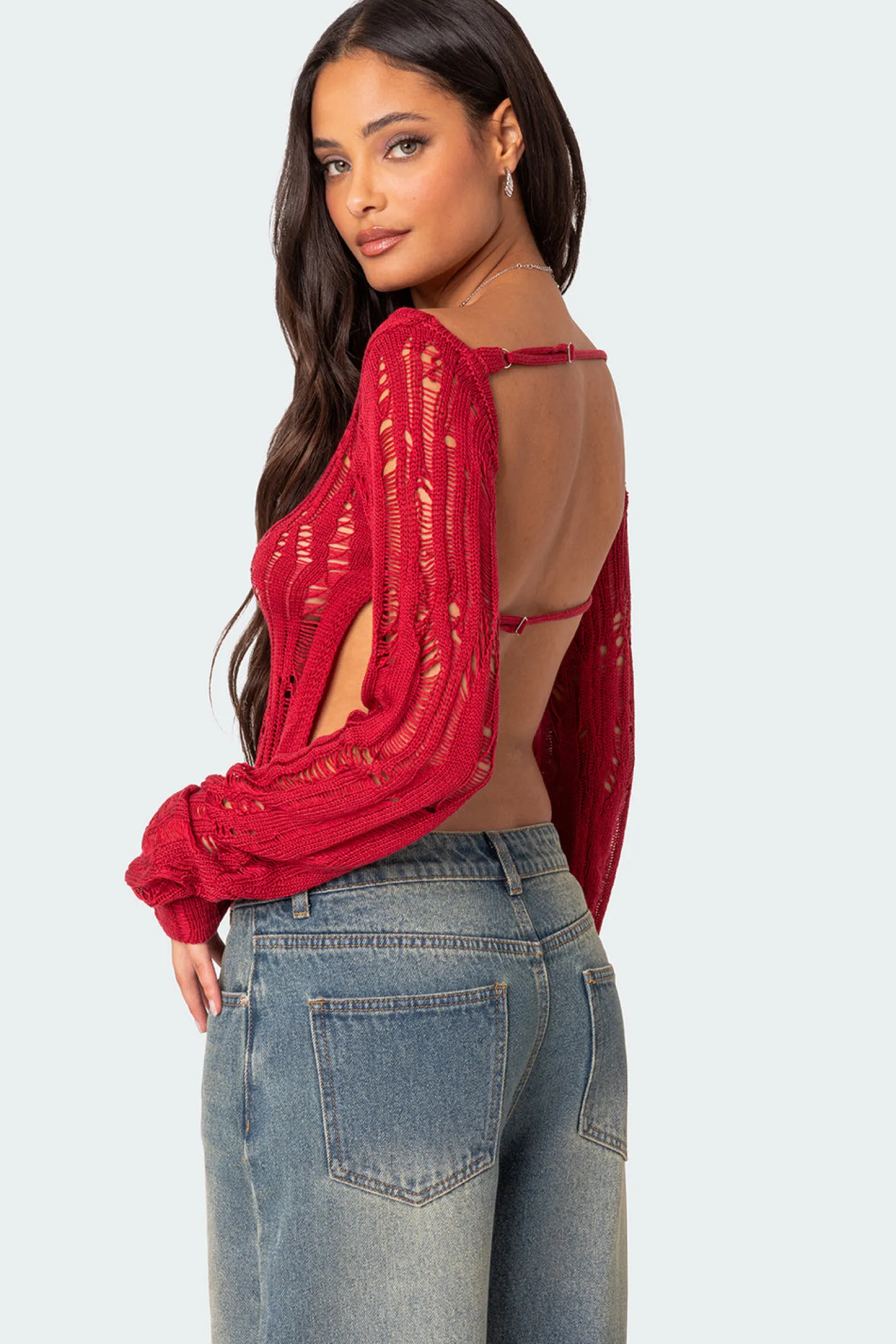 Long Sleeve Tops | Knitted Tops*edikted Rosa Open Back Sheer Knit Top RED