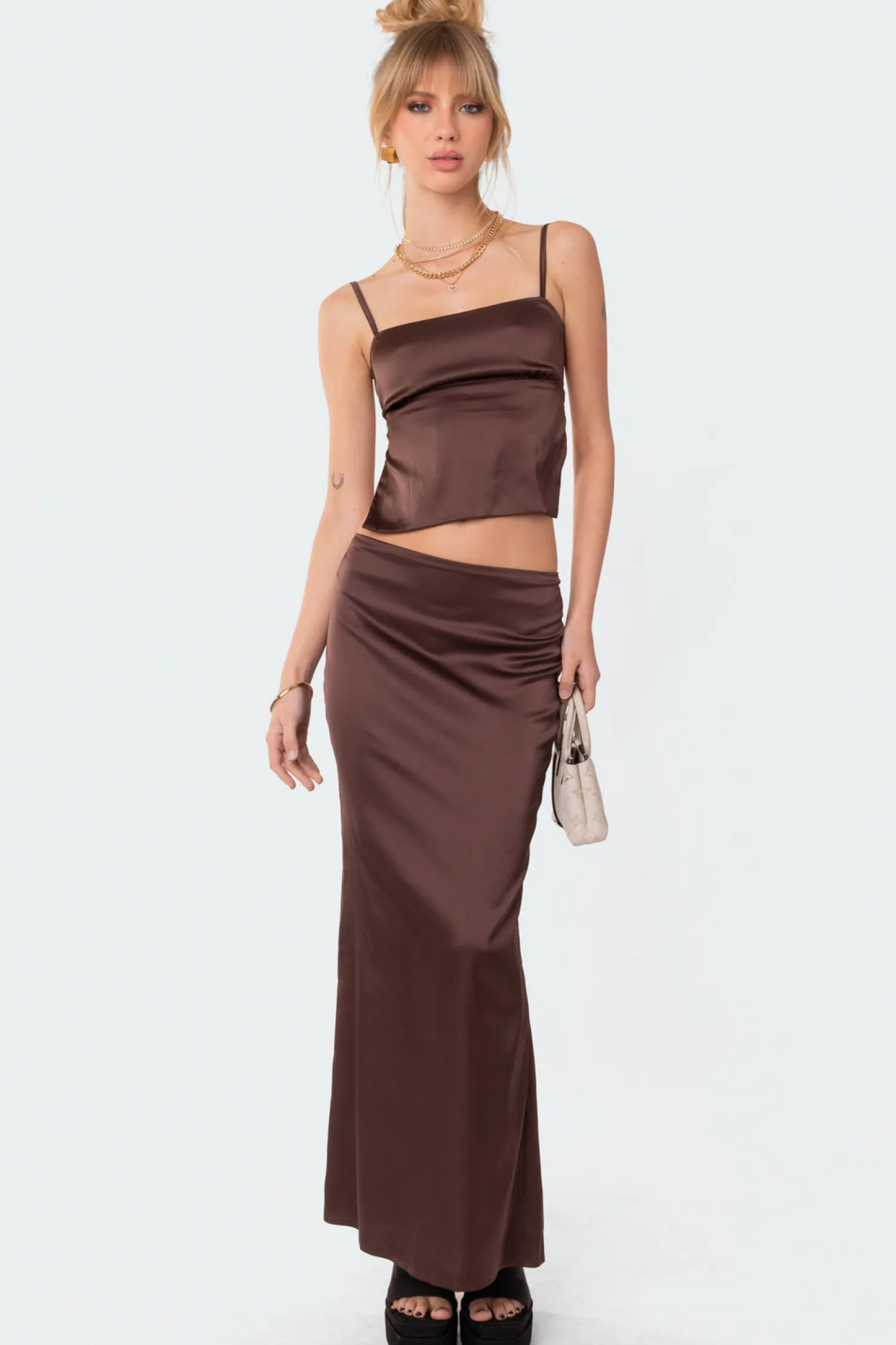 Skirts | Skirts*edikted Satin Low Rise Back Slit Maxi Skirt BROWN