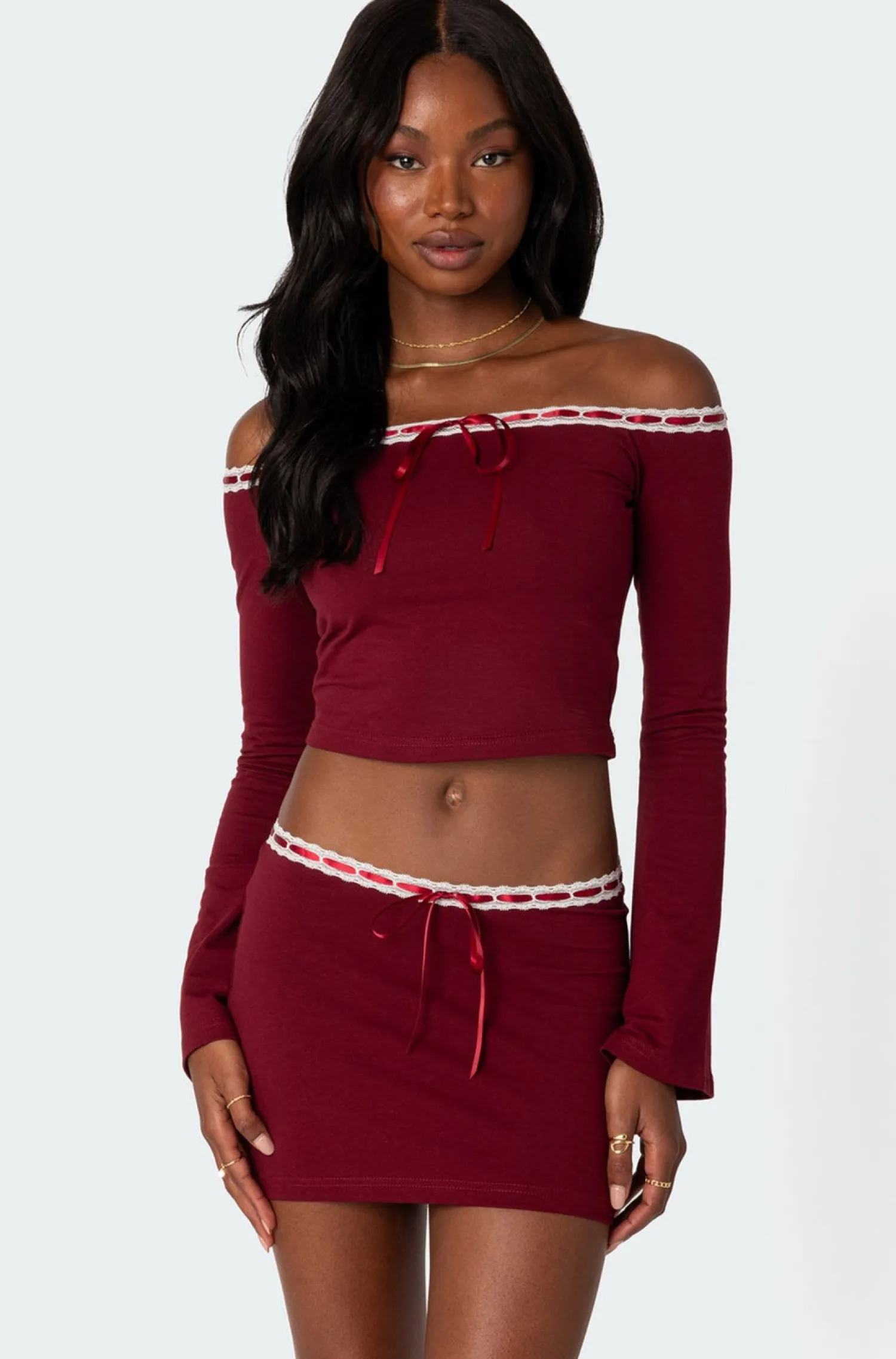 Crop Tops | Long Sleeve Tops*edikted Seline Ribbon Trim Top BURGUNDY